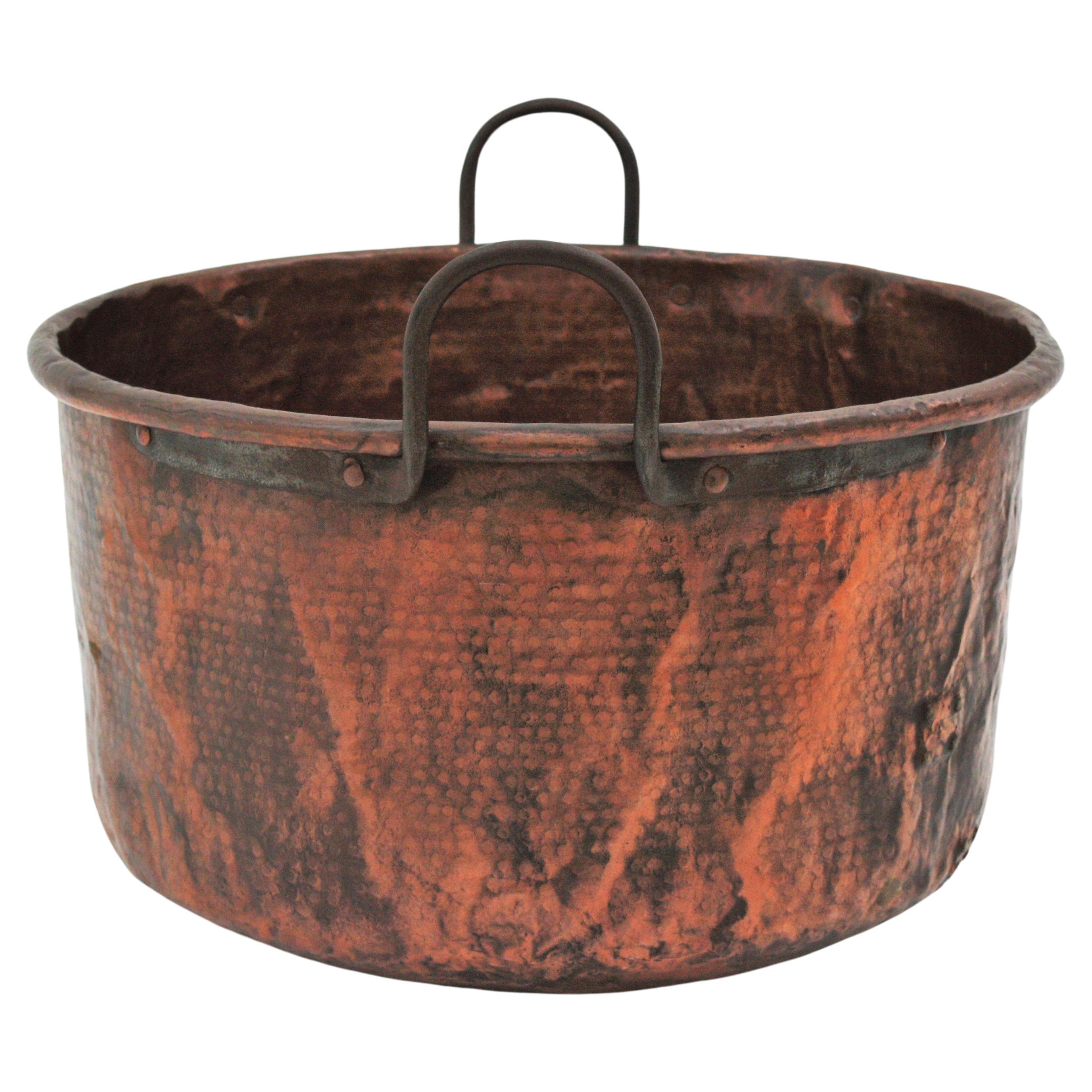 French Provincial Massive French Copper Cauldron with Iron Handles For Sale