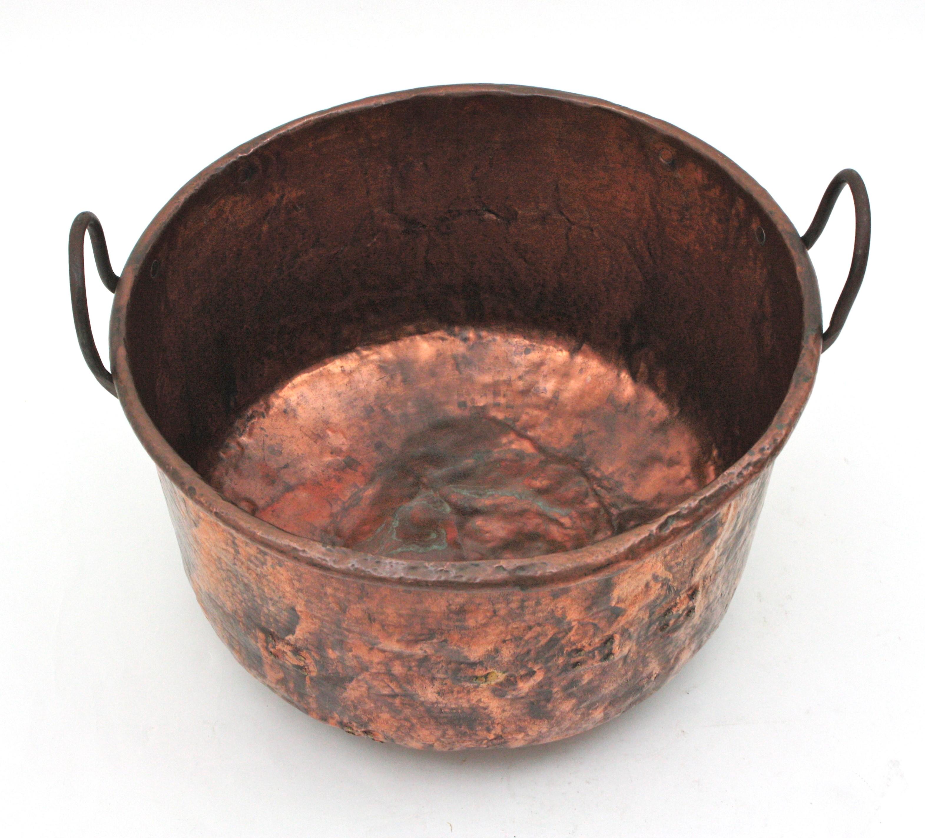 20th Century Massive French Copper Cauldron with Iron Handles For Sale