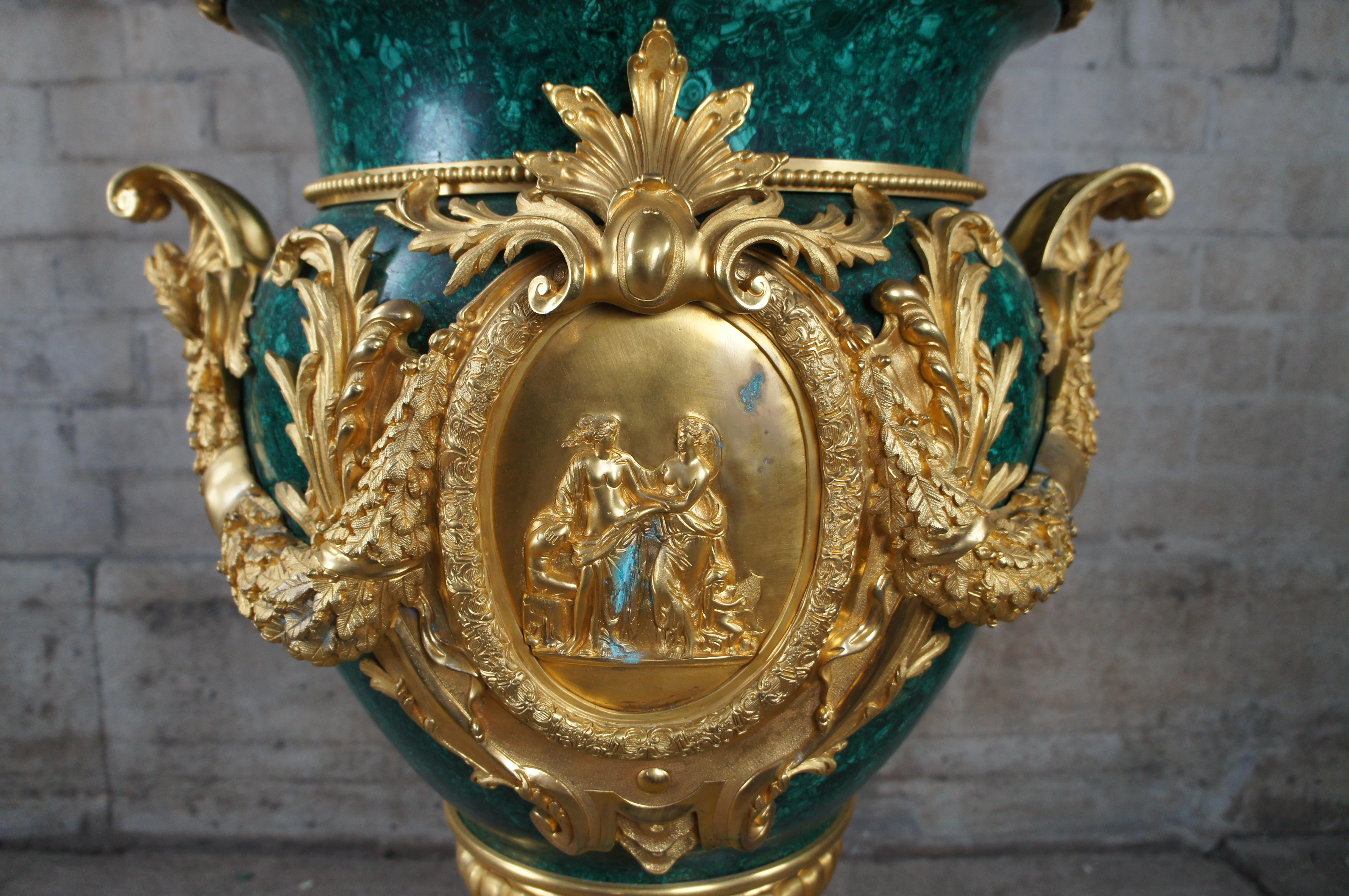 Massive French Empire Gilt Bronze Figural Mounted Malachite Urn Jardinière 38
