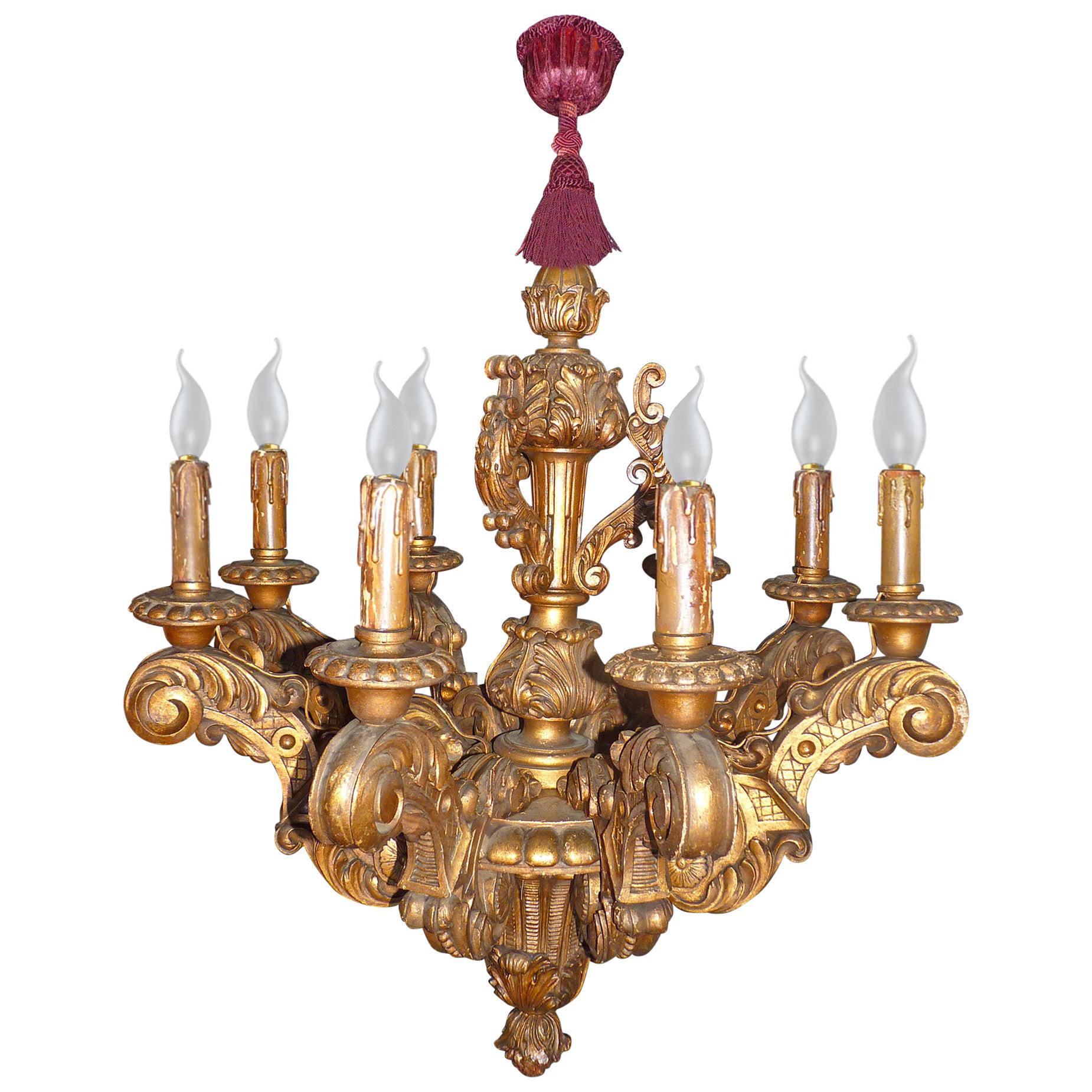 Louis XVI Massive French Louis XV Baroque Gilt Carved Wood 8-Light Chandelier 19th Century For Sale