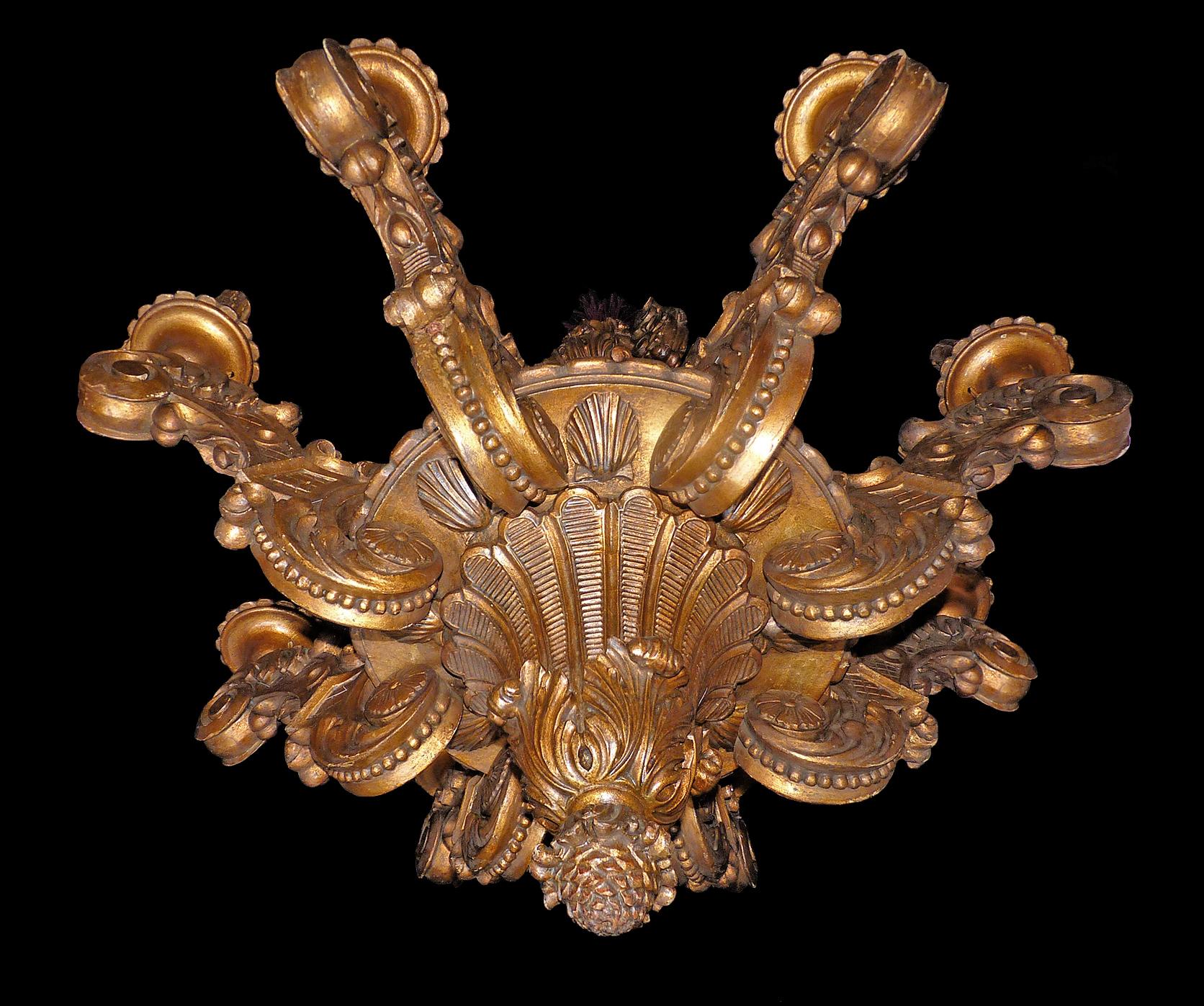 Gold Leaf Massive French Louis XV Baroque Gilt Carved Wood 8-Light Chandelier 19th Century For Sale