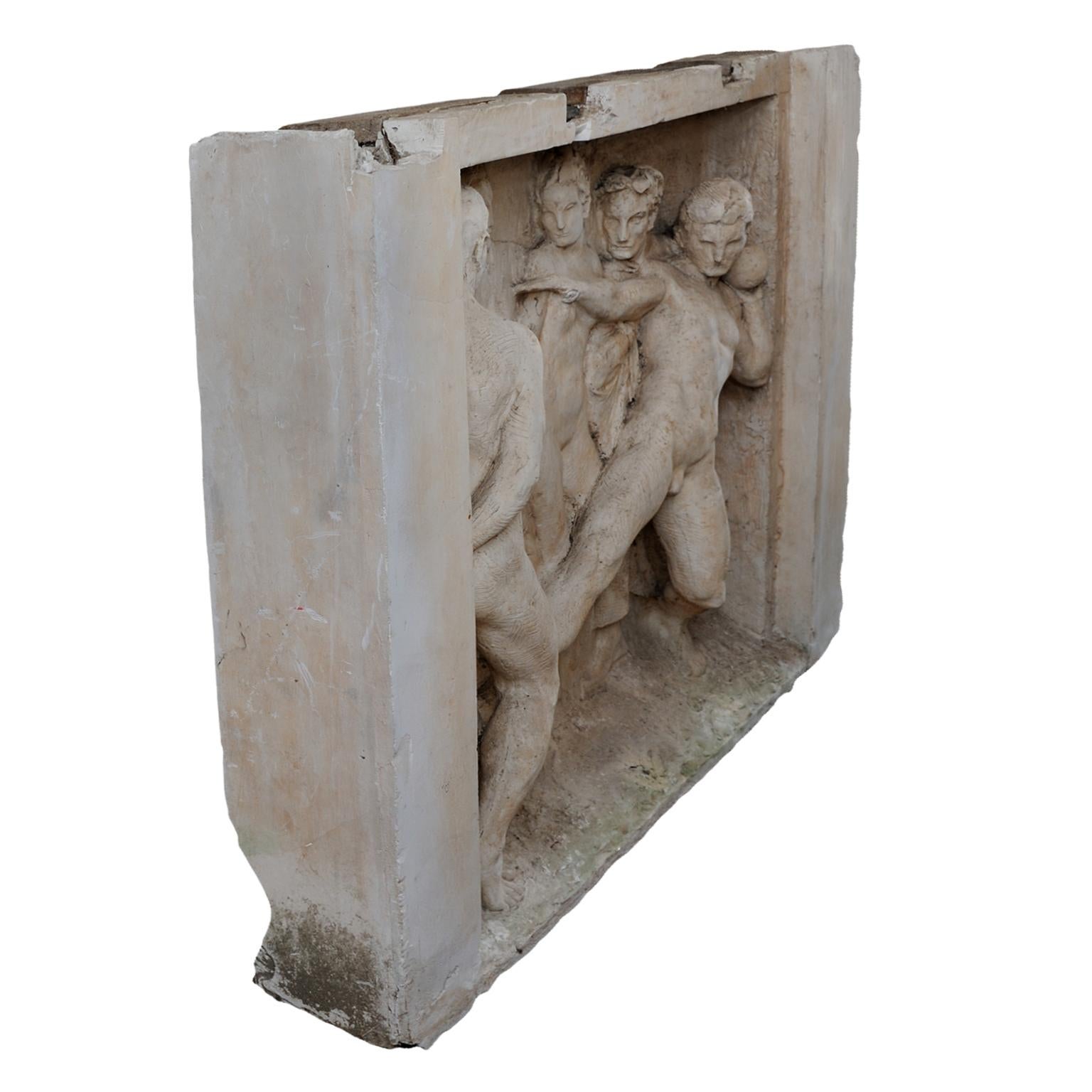 This is a superb and massive French neoclassical style plaster cast Frieze of the pre-fascist period, in totally original condition depicting a group of athletes, presided over by the Goddess Victory, circa 1920.
Would look wonderful in a heavy