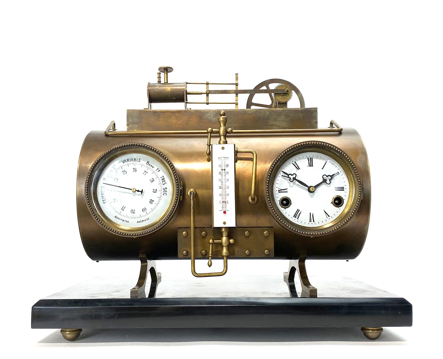 Large French Style 8 Day Brass Automaton Steam Engine Industrial Clock w Marble Base

Here we have a wonderful example of the industrial series popular in French horology. While the clock is striking, the power train wheel spins around, which really