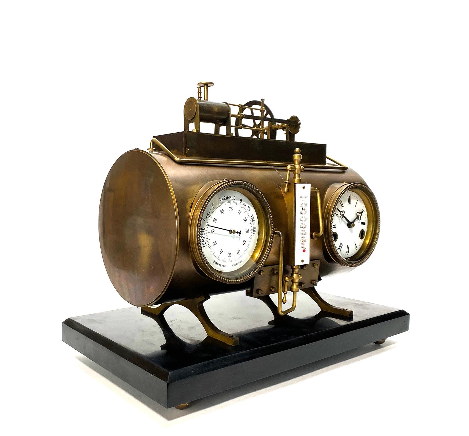Massive French Style 8 Day Brass Automaton Steam Engine Industrial Mantle Clock In Excellent Condition For Sale In Danville, CA