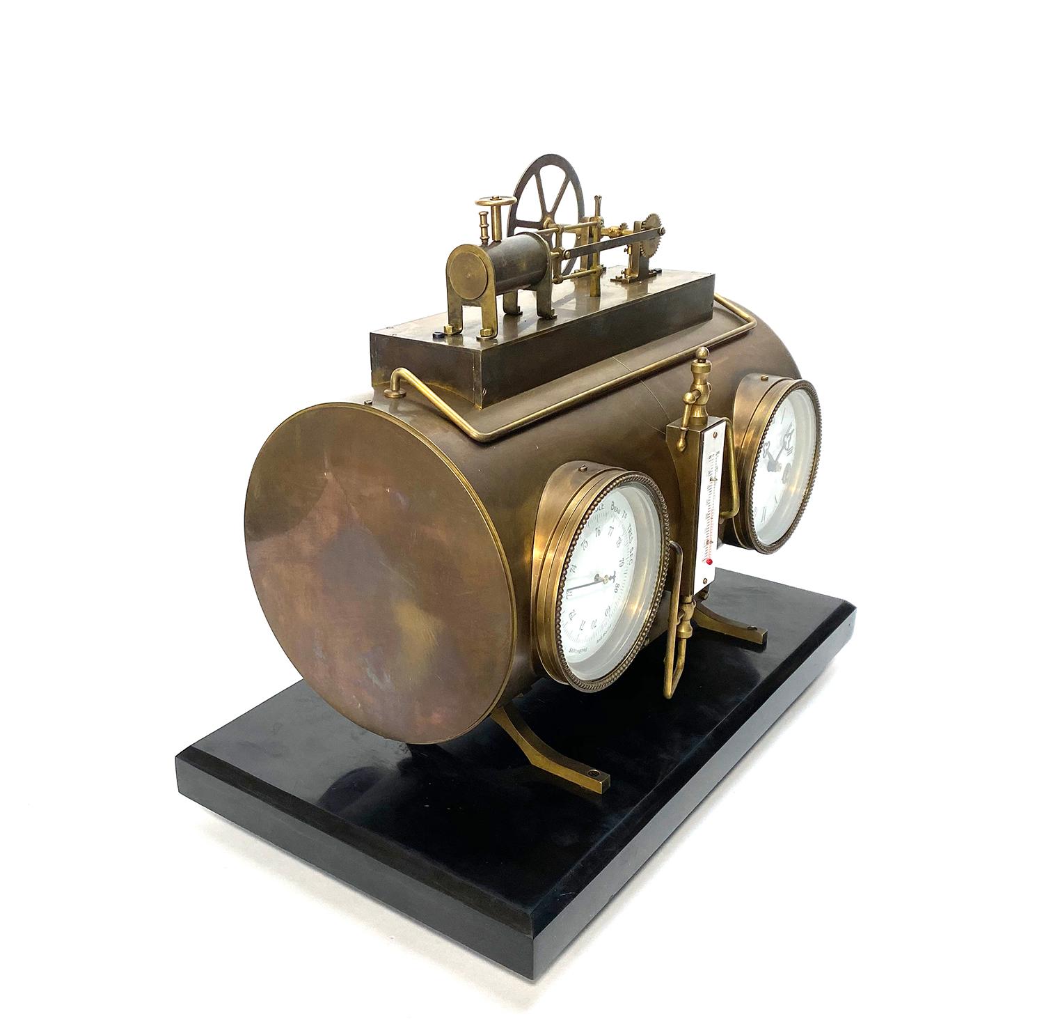 Late 20th Century Massive French Style 8 Day Brass Automaton Steam Engine Industrial Mantle Clock For Sale