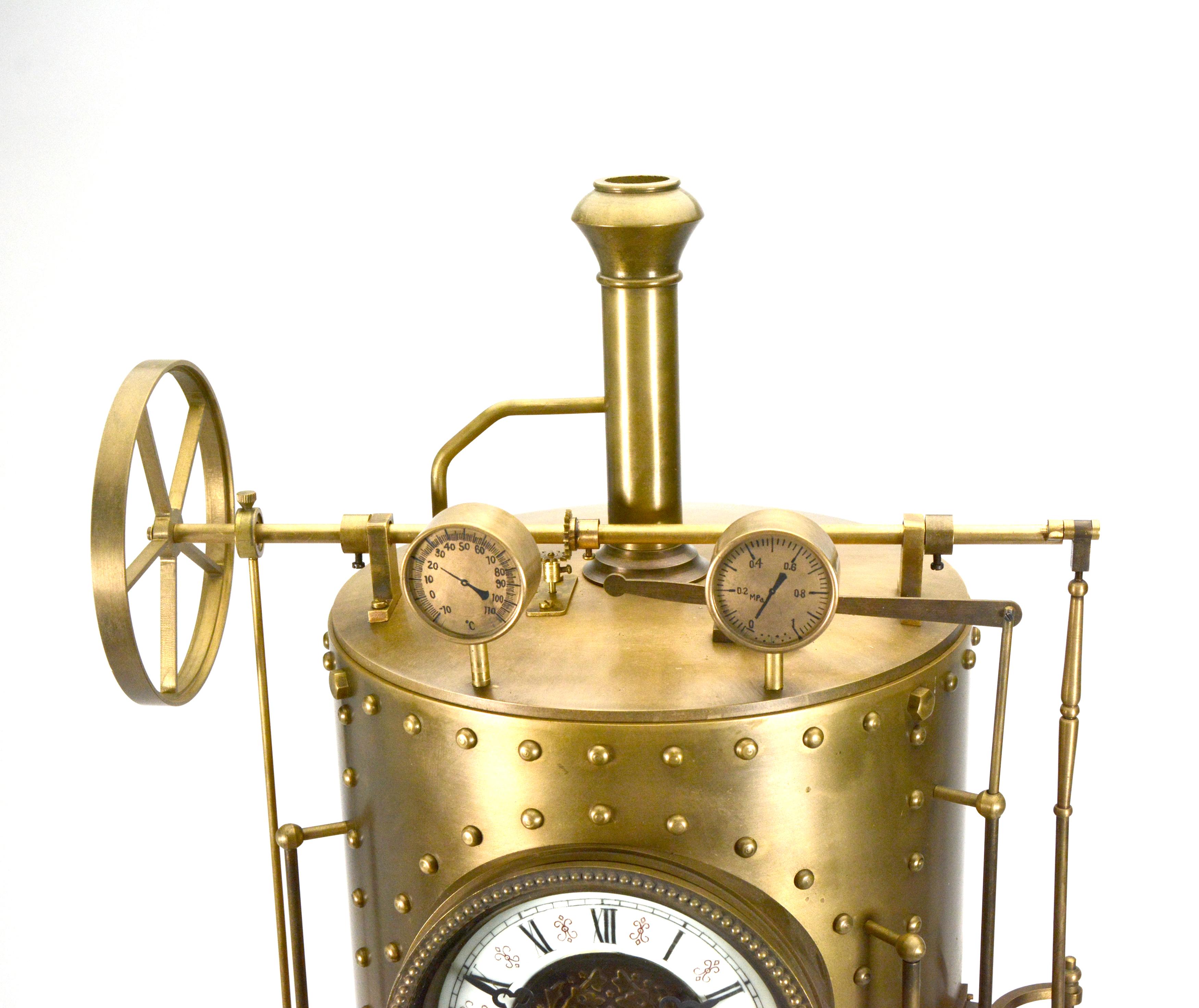 20th Century Massive French Style 8 Day Brass Automaton Steam Wheel Engine Industrial Clock For Sale