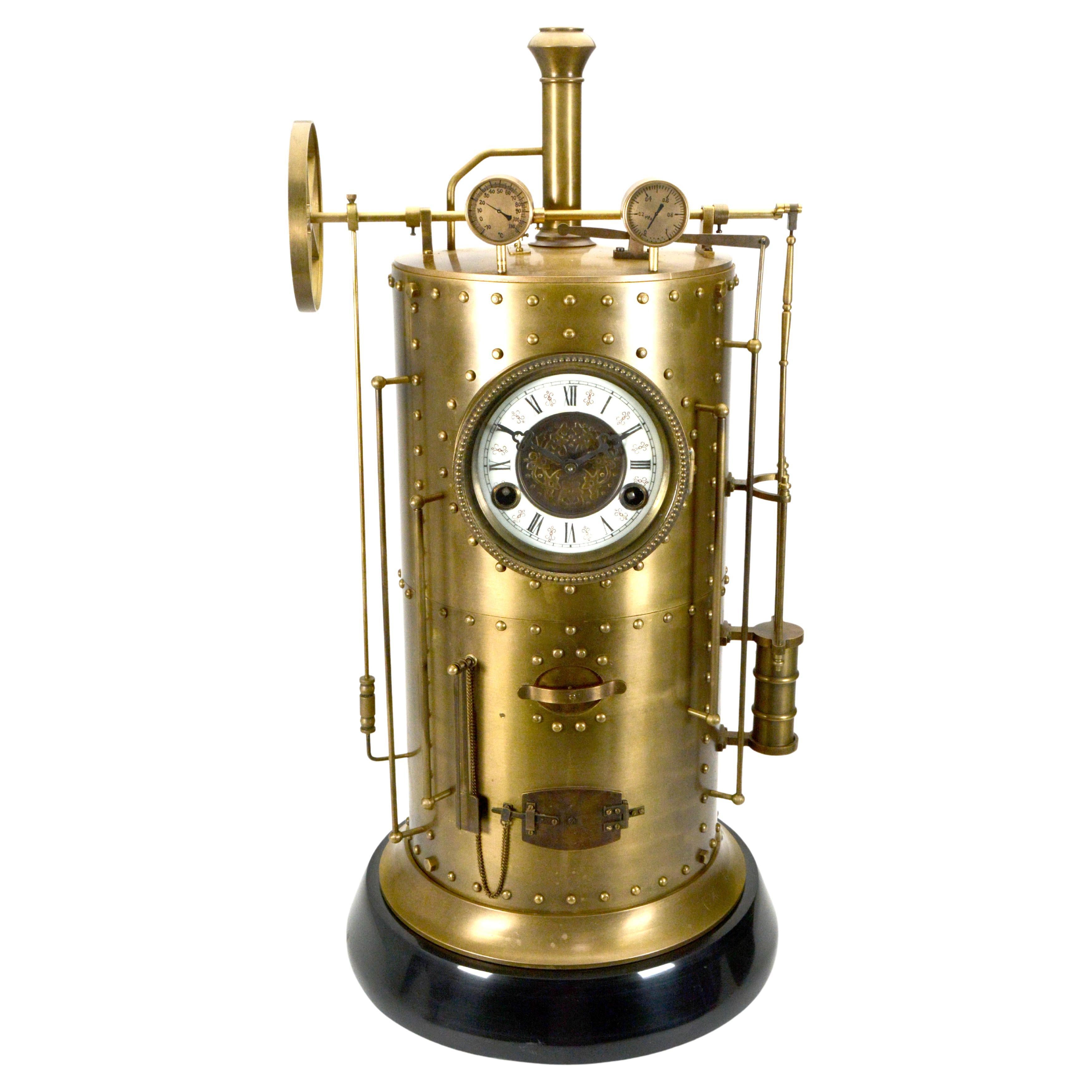 Massive French Style 8 Day Brass Automaton Steam Wheel Engine Industrial Clock en vente