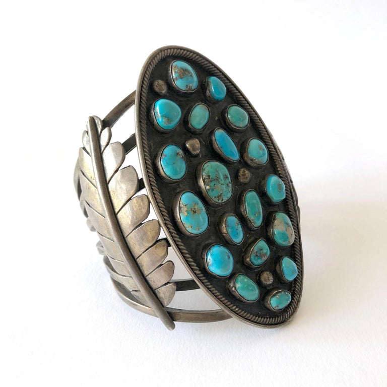 Native American Massive Gentlemans Sterling Silver and Turquoise Navajo Cuff Bracelet For Sale