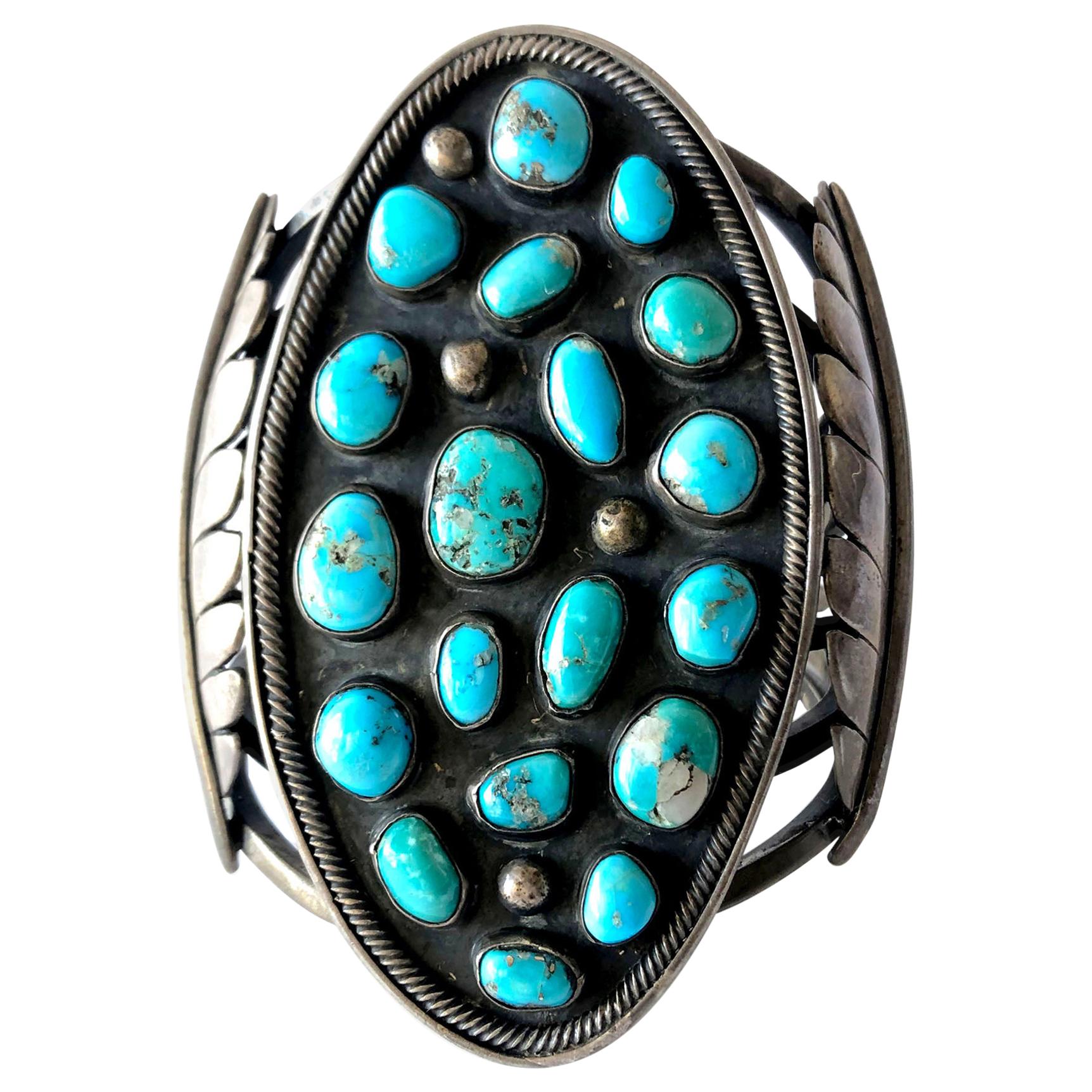Massive Gentlemans Sterling Silver and Turquoise Navajo Cuff Bracelet