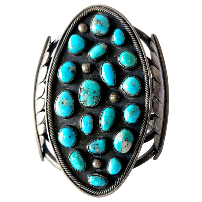Massive Gentlemans Sterling Silver and Turquoise Navajo Cuff Bracelet For Sale