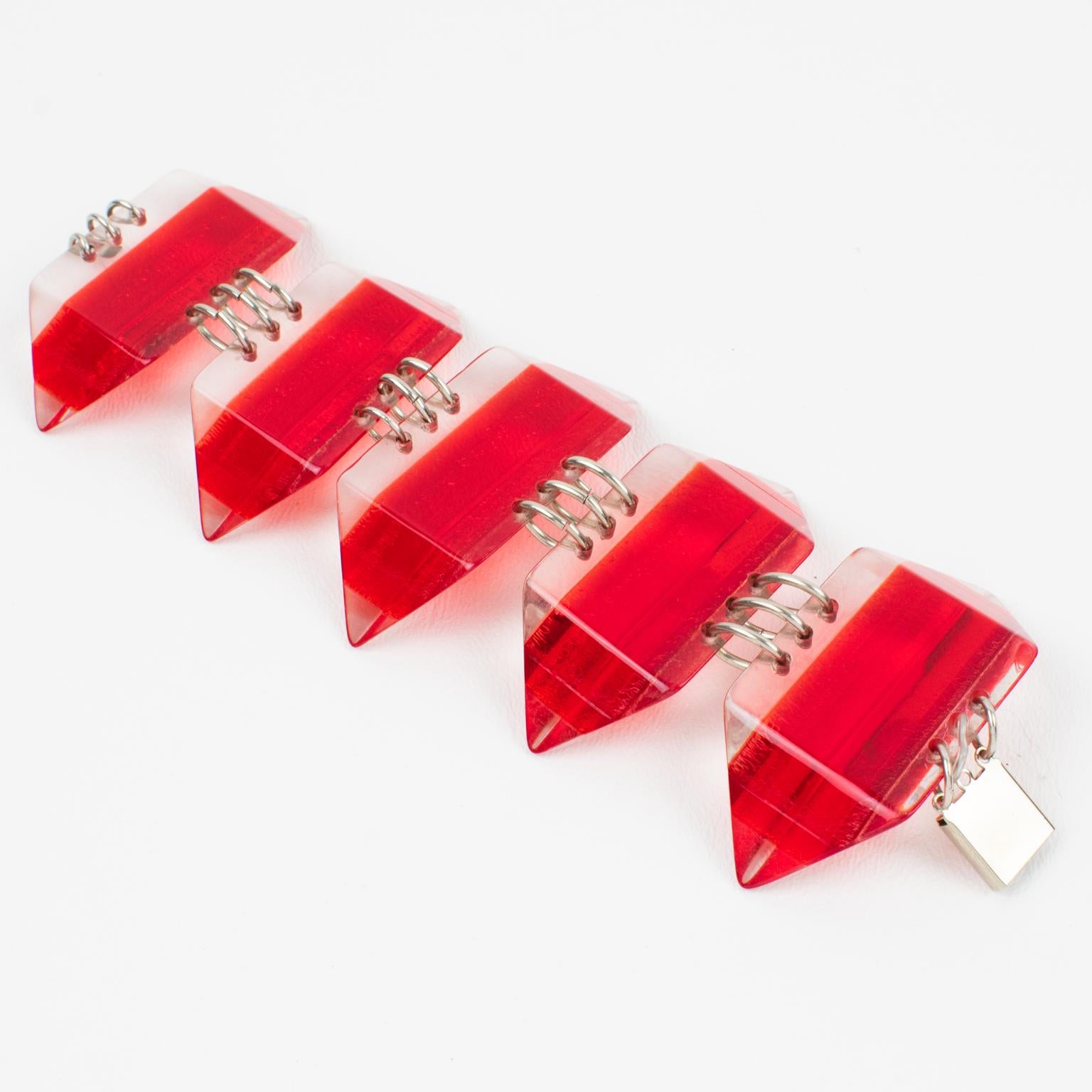 Women's or Men's Massive Geometric Red Lucite Ice Cube Link Bracelet For Sale