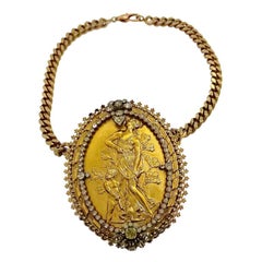 Massive GIANFRANCO FERRE Mother Child Cameo Rhinestone Medallion Necklace