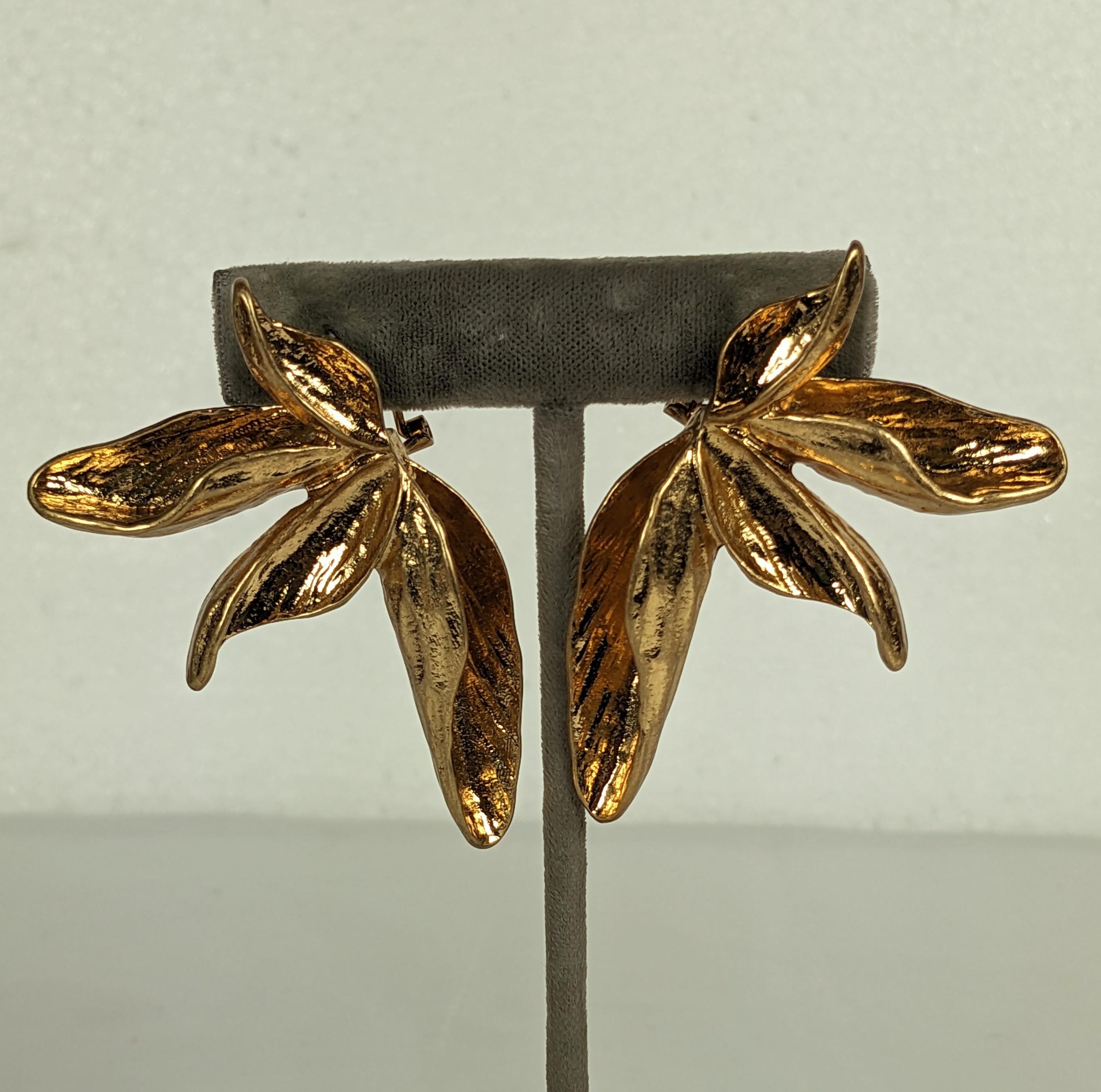 Massive Gilt Abstract Sculptural Lily Earrings from the 1990's. Large in scale with artistic Celine vibe. Large and a bit heavy which sit at an angle on the ear. Pierced with clip fitting. 2.5