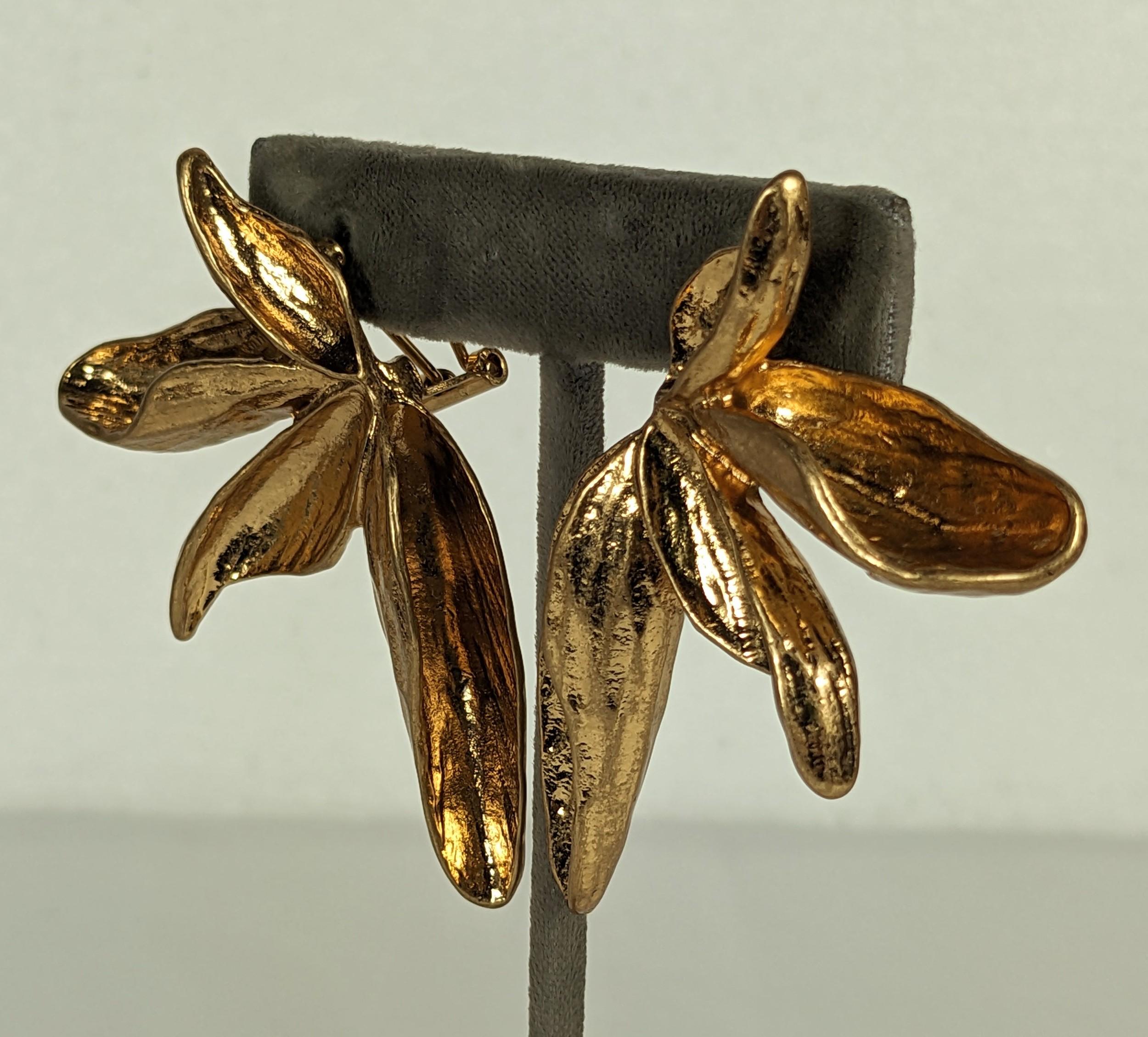 Massive Gilt Abstract Lily Earrings In Excellent Condition For Sale In New York, NY