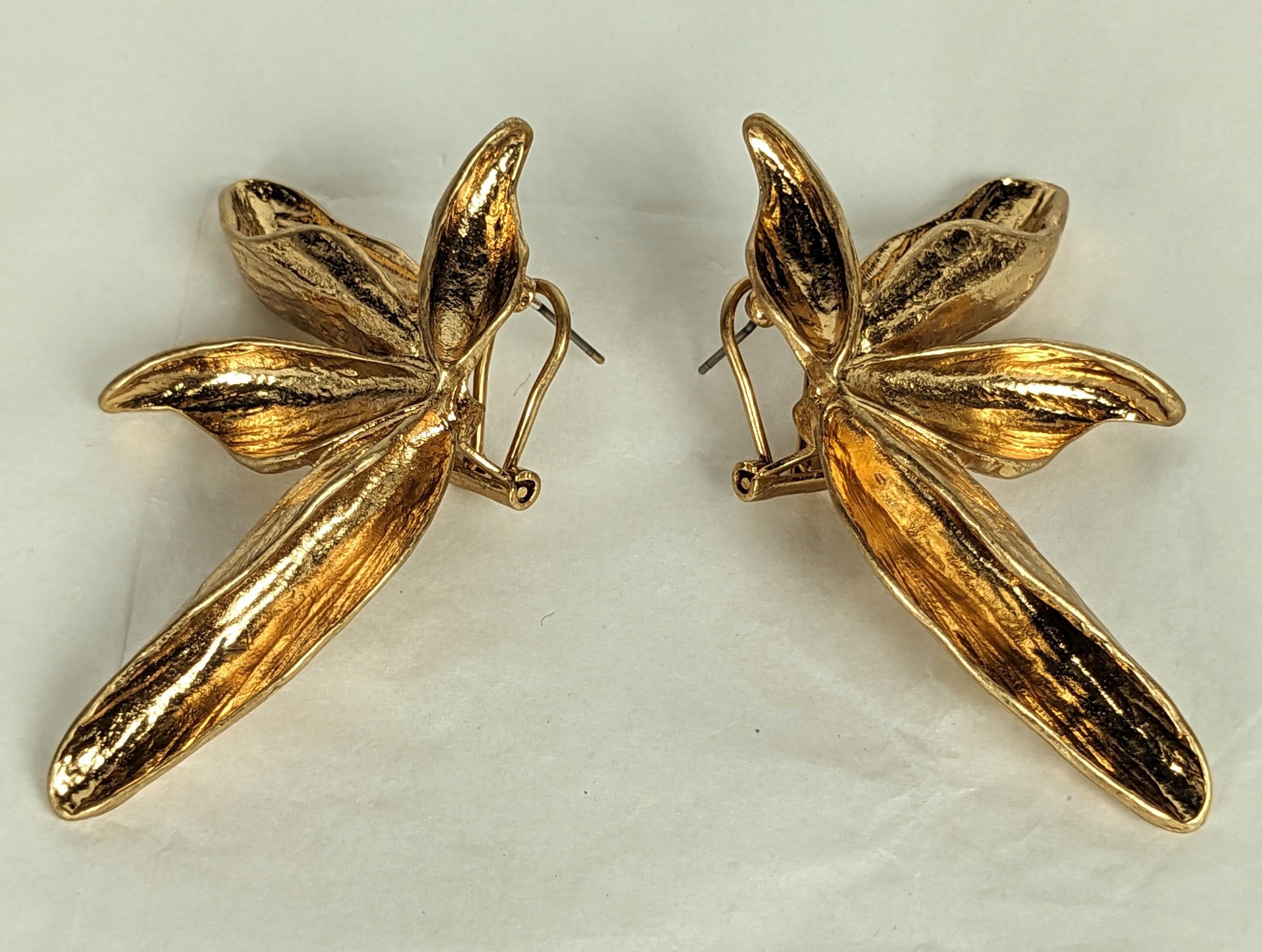 Massive Gilt Abstract Lily Earrings For Sale 1