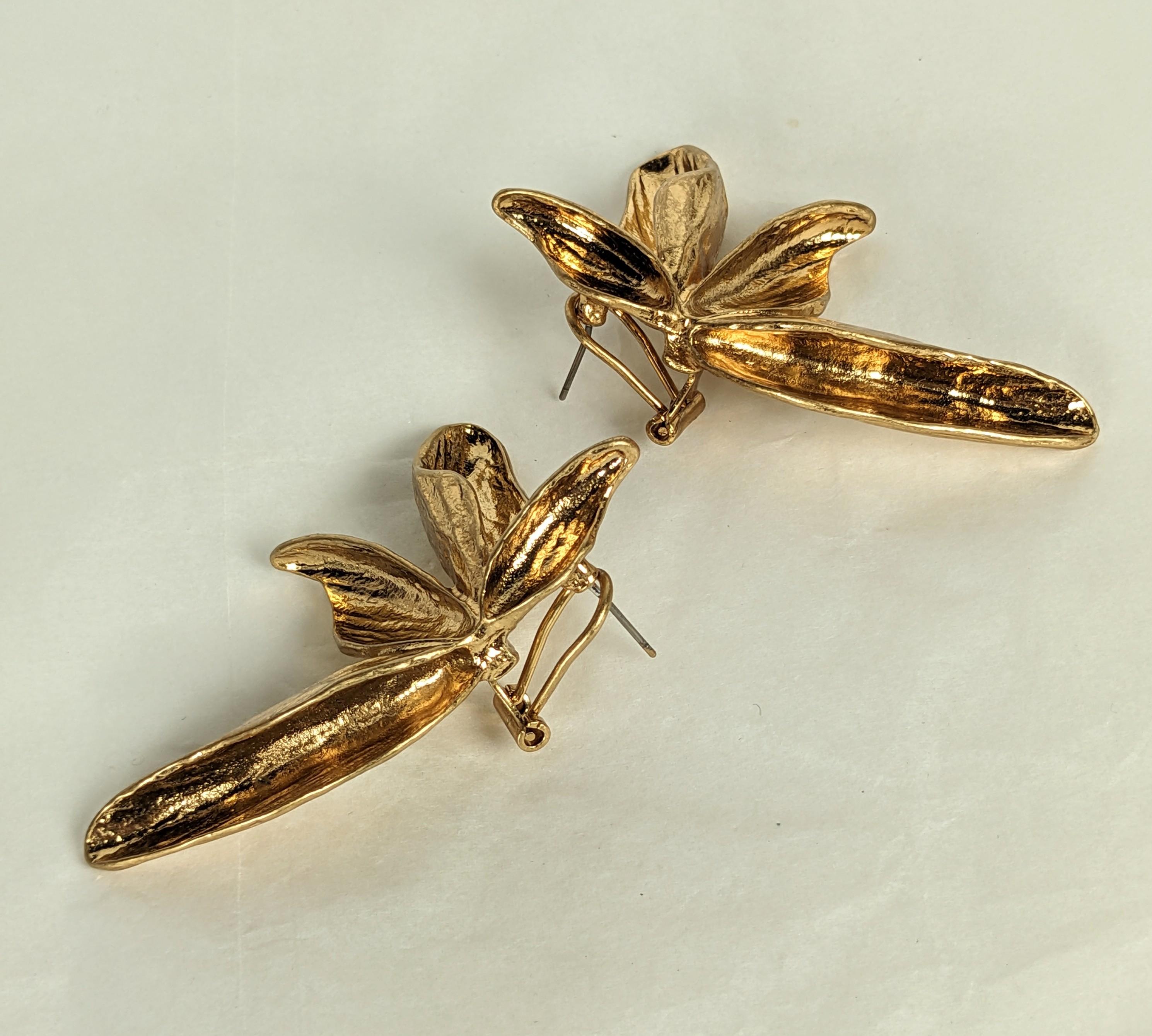 Massive Gilt Abstract Lily Earrings For Sale 2