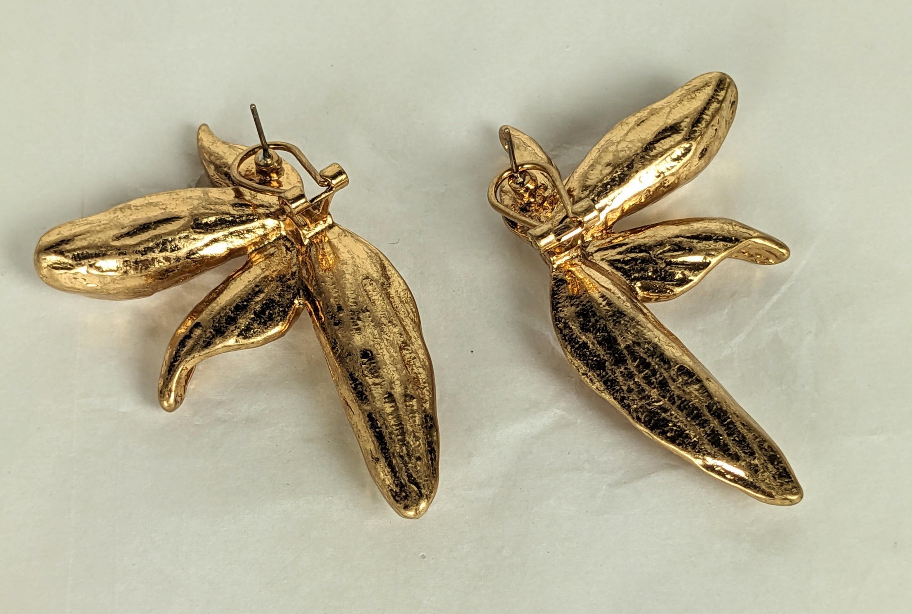 Massive Gilt Abstract Lily Earrings For Sale 3