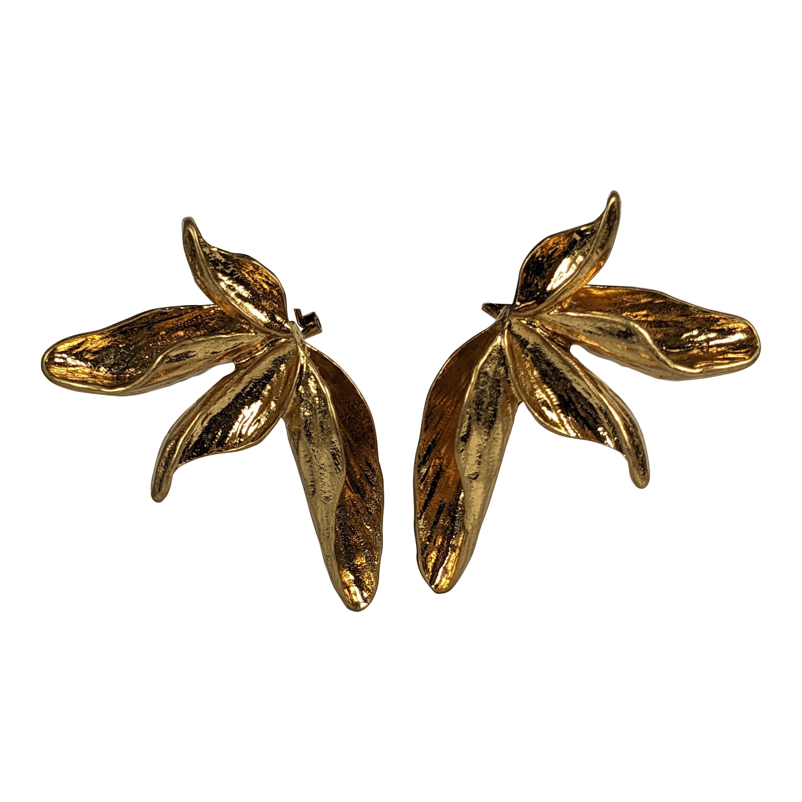 Massive Gilt Abstract Lily Earrings For Sale