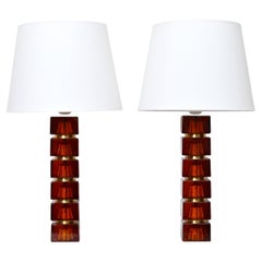 Massive Glass 
Brass Table Lamps by Carl Fagerlund for Orrefors, Sweden, 1960s