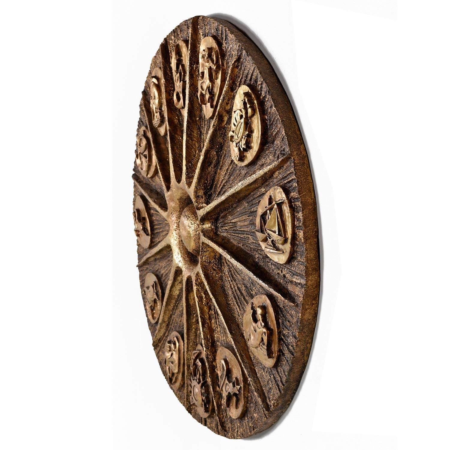 American Massive Gold Sunburst Zodiac Brutalist Wall Sculpture by J. Segura