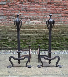 Massive Gothic Revival Andirons and Fireplace Tools