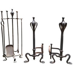 Massive Gothic Revival Andirons and Fireplace Tools