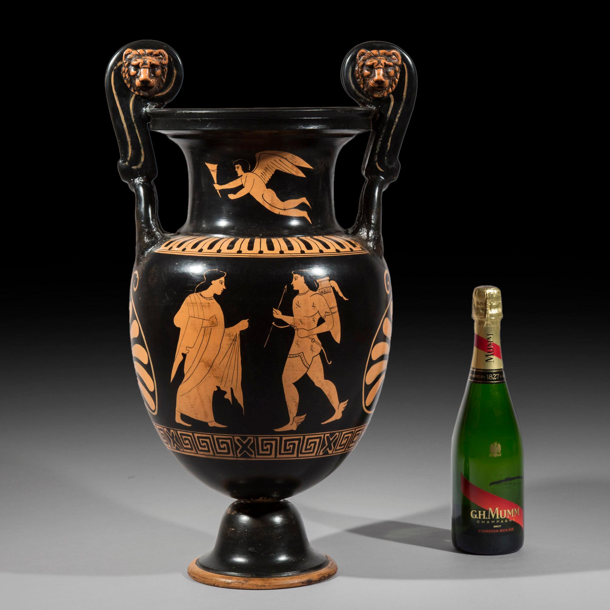 An impressive over scale volute krater form vase, of ancient Greek style, measuring 24 in (61 cm) tall,
20th century.

Decorated throughout with heroic scenes and anthemia, within Greek key and egg-and-dart borders, with lion-masked scrolled