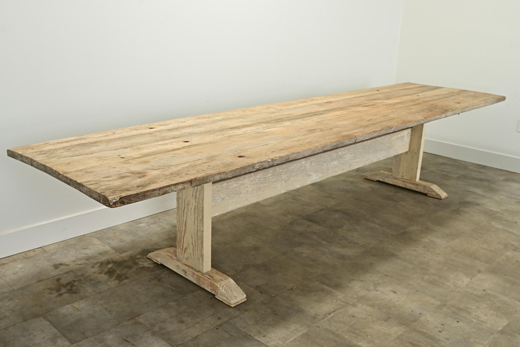 Hand-Carved Massive Gustavian Trestle Base Dining Table For Sale