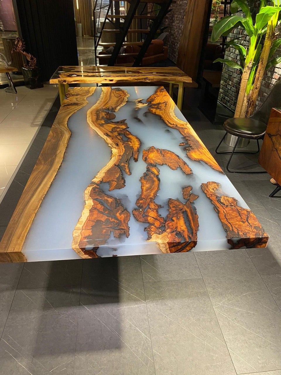 Contemporary Massive Hackberry Cream Epoxy Resin Modern Dining Table For Sale