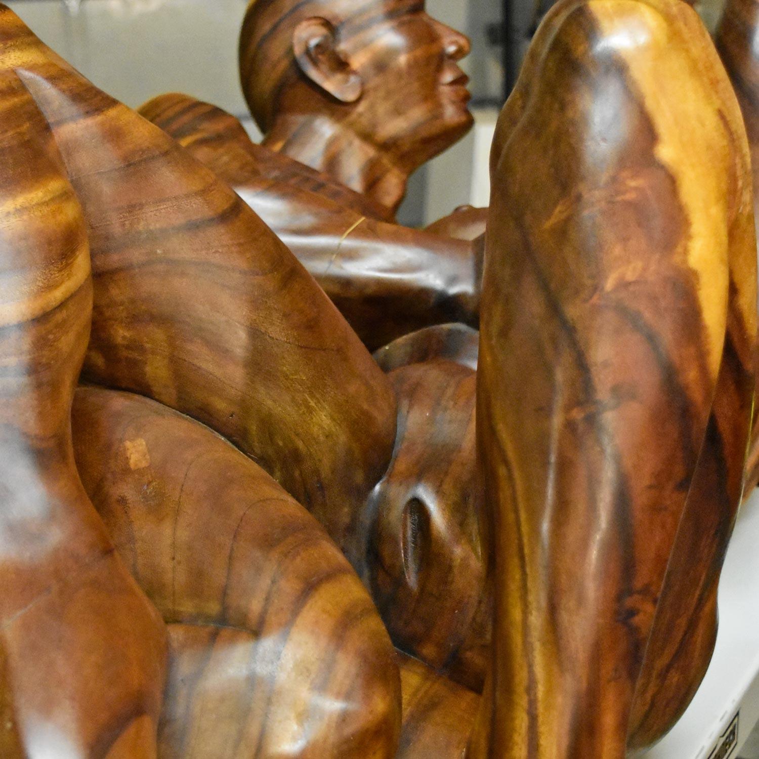 Massive Hand Carved Monkey Pod Exotic Hardwood Lovers Embrace Coffee Table For Sale 2