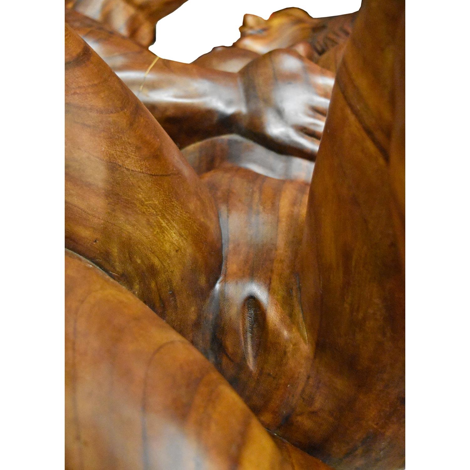 Massive Hand Carved Monkey Pod Exotic Hardwood Lovers Embrace Coffee Table For Sale 5