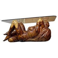 Hand Carved Monkey Pod Coffee Table with Lovers Embrace Sculpture