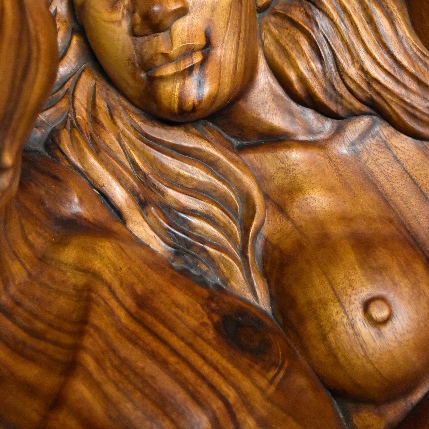 Southeast Asian Massive Hand Carved Monkey Pod Exotic Hardwood Lovers Embrace Coffee Table For Sale