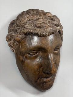 Massive hand-carved wood Greco-Roman face wall sculpture