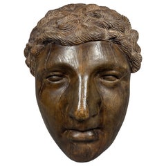 Massive hand-carved wood Greco-Roman face wall sculpture