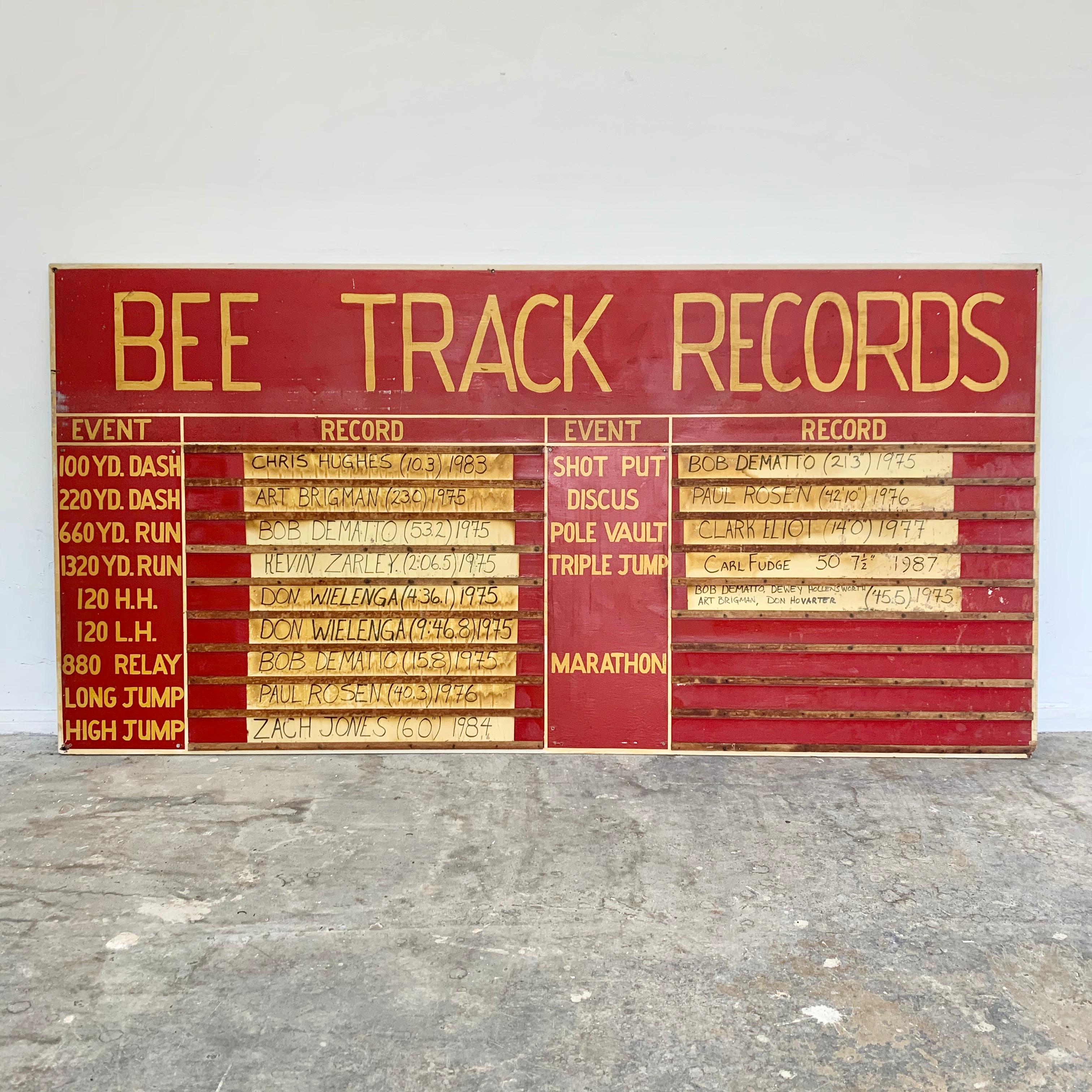 Vintage track and field sign from the early 1970s. Hand painted red sign with yellow lettering. Taken down from a California high school. Horizontal wood slats to hold name cards of record holders. Measures: 8 feet wide, 4 feet tall. Great coloring