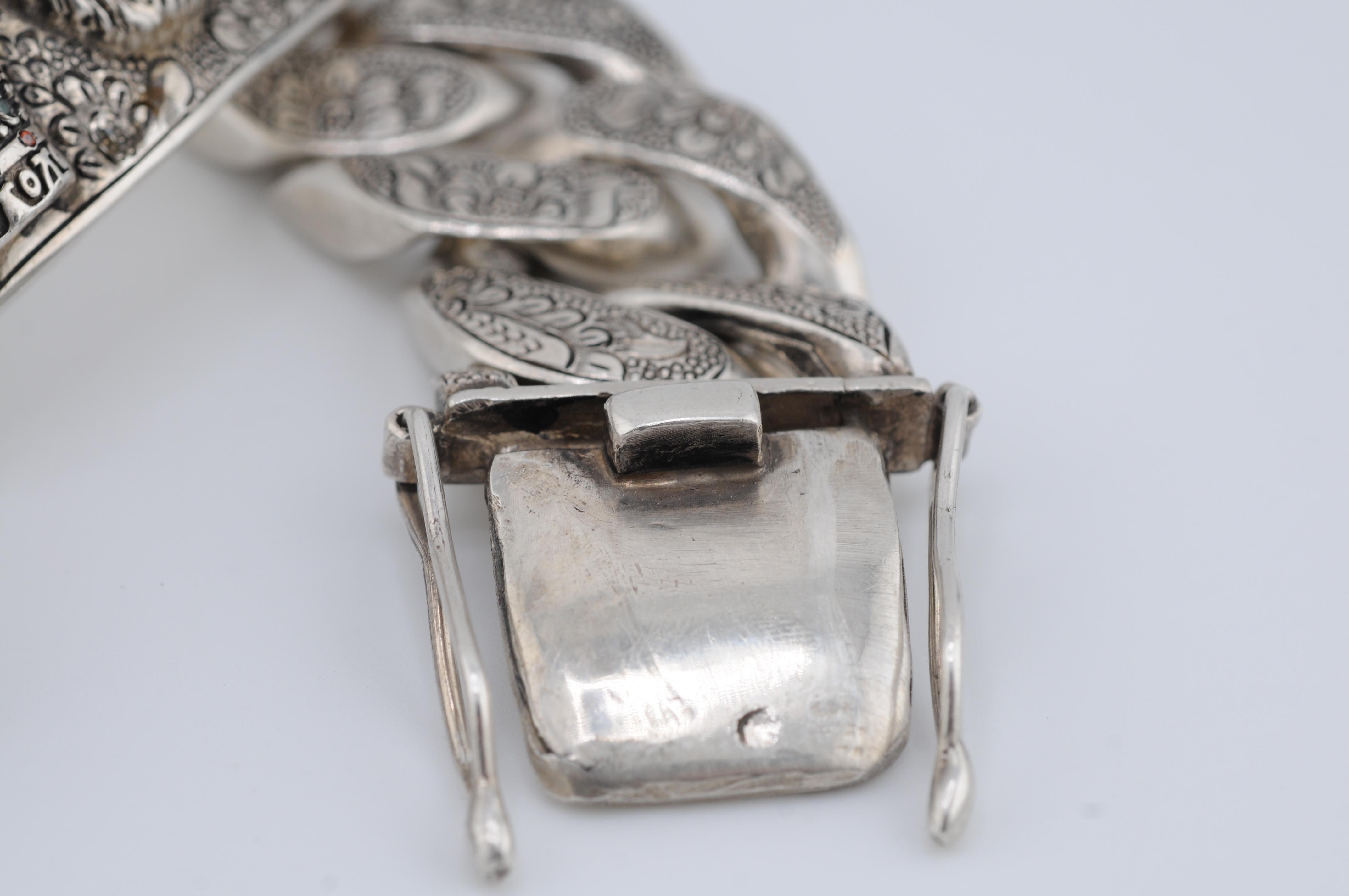 Massives handgefertigtes Silberarmband mit Löwen- und Schwertmotiv, Edelsteine 8