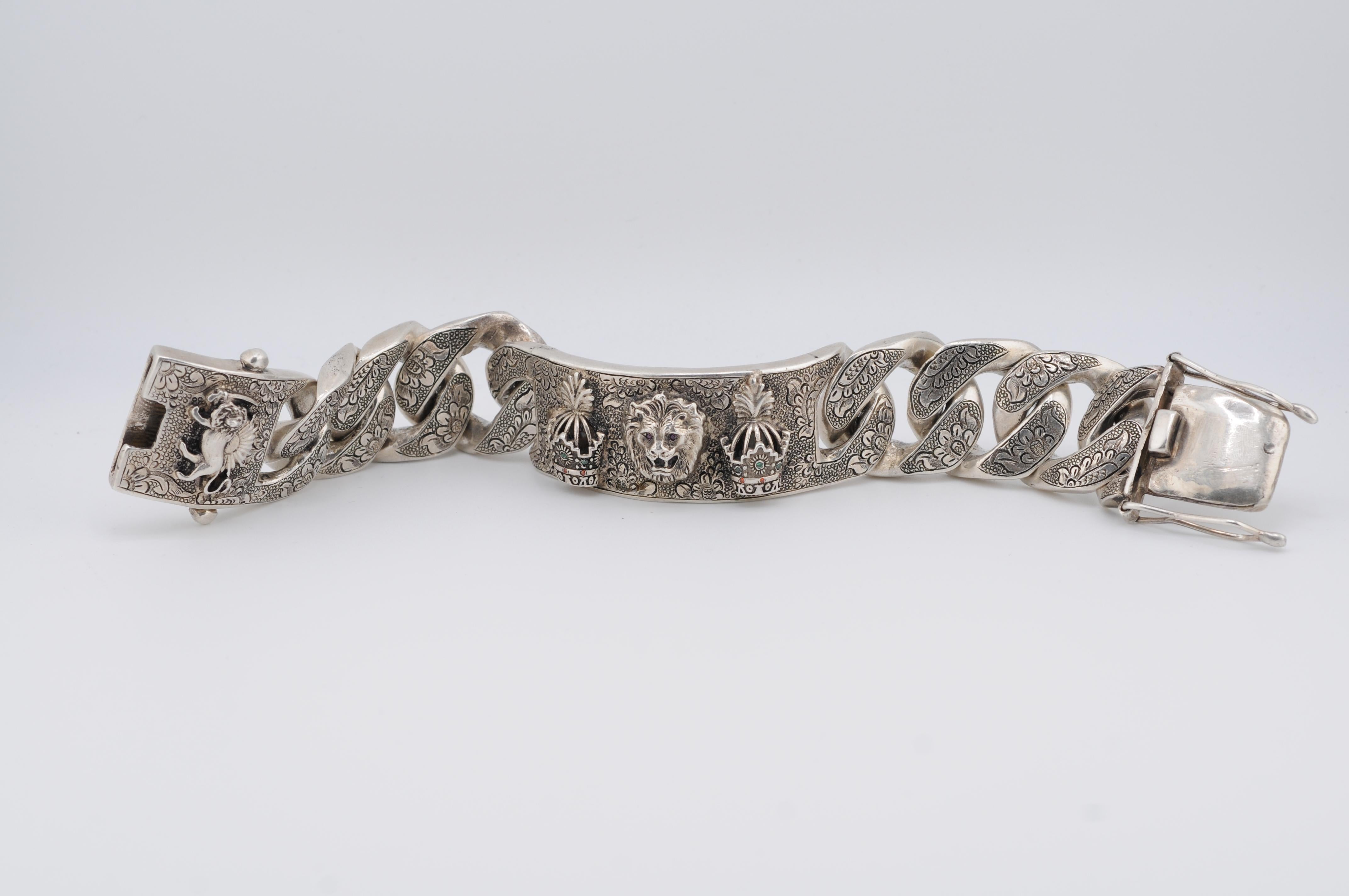 Massives handgefertigtes Silberarmband mit Löwen- und Schwertmotiv, Edelsteine 4