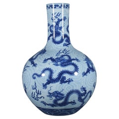 Massive Handmade Chinese Blue White Dragons Porcelain Vase