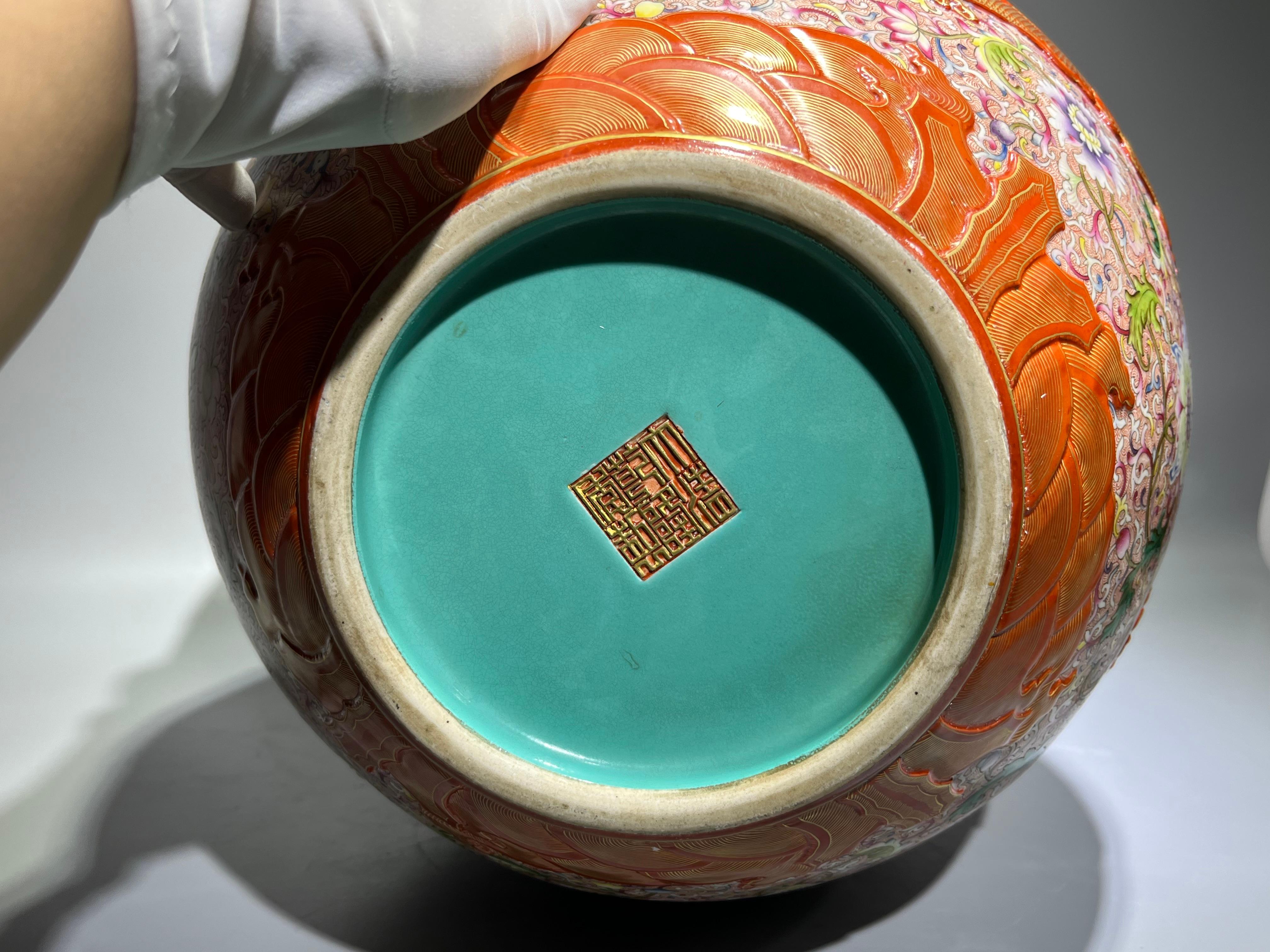 Massive Handmade Chinese Gold Engraving Dragons Enamel FLowers Porcelain Vase For Sale at 1stDibs