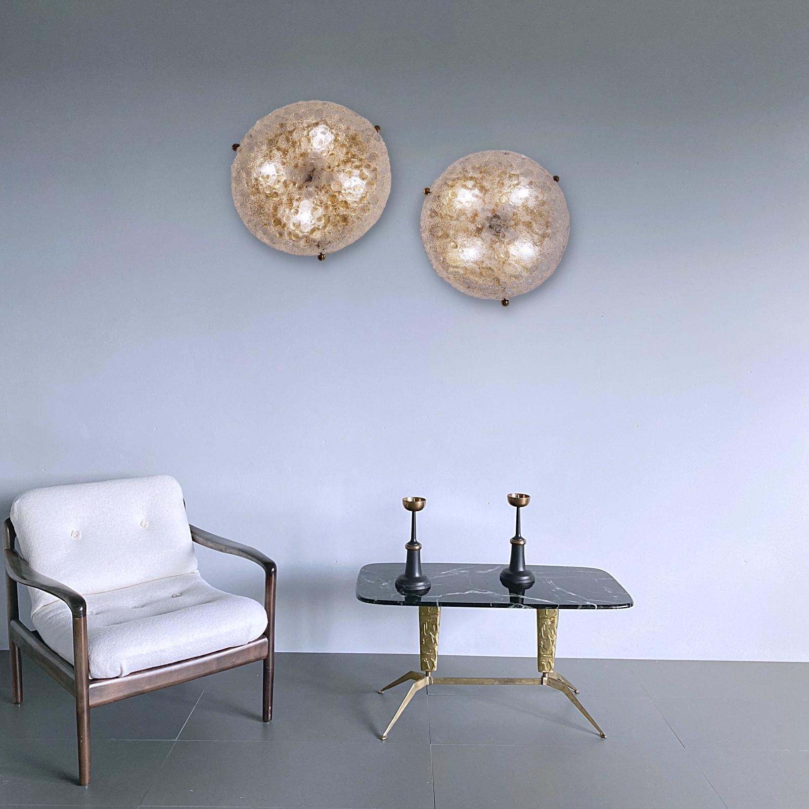 Iconic midcentury lamp made by Leuchtfabrik Hillebrand in the late 1960s. It's featuring thick Murano bubble-textured glass and polished brass hardware. It's in excellent condition with four E14 porcelain sockets. It was one of the biggest flush