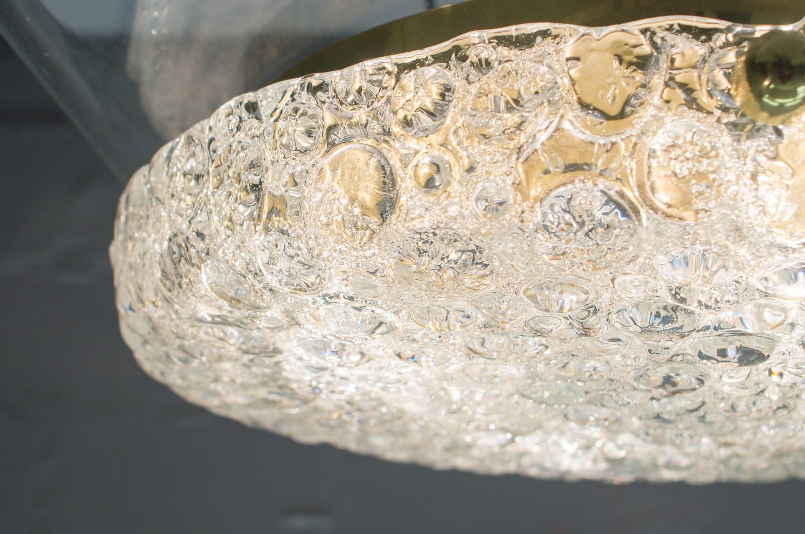 Brass Massive Hillebrand Textured Murano Bubble Glass Flush Mounts Pair 1960s, Germany