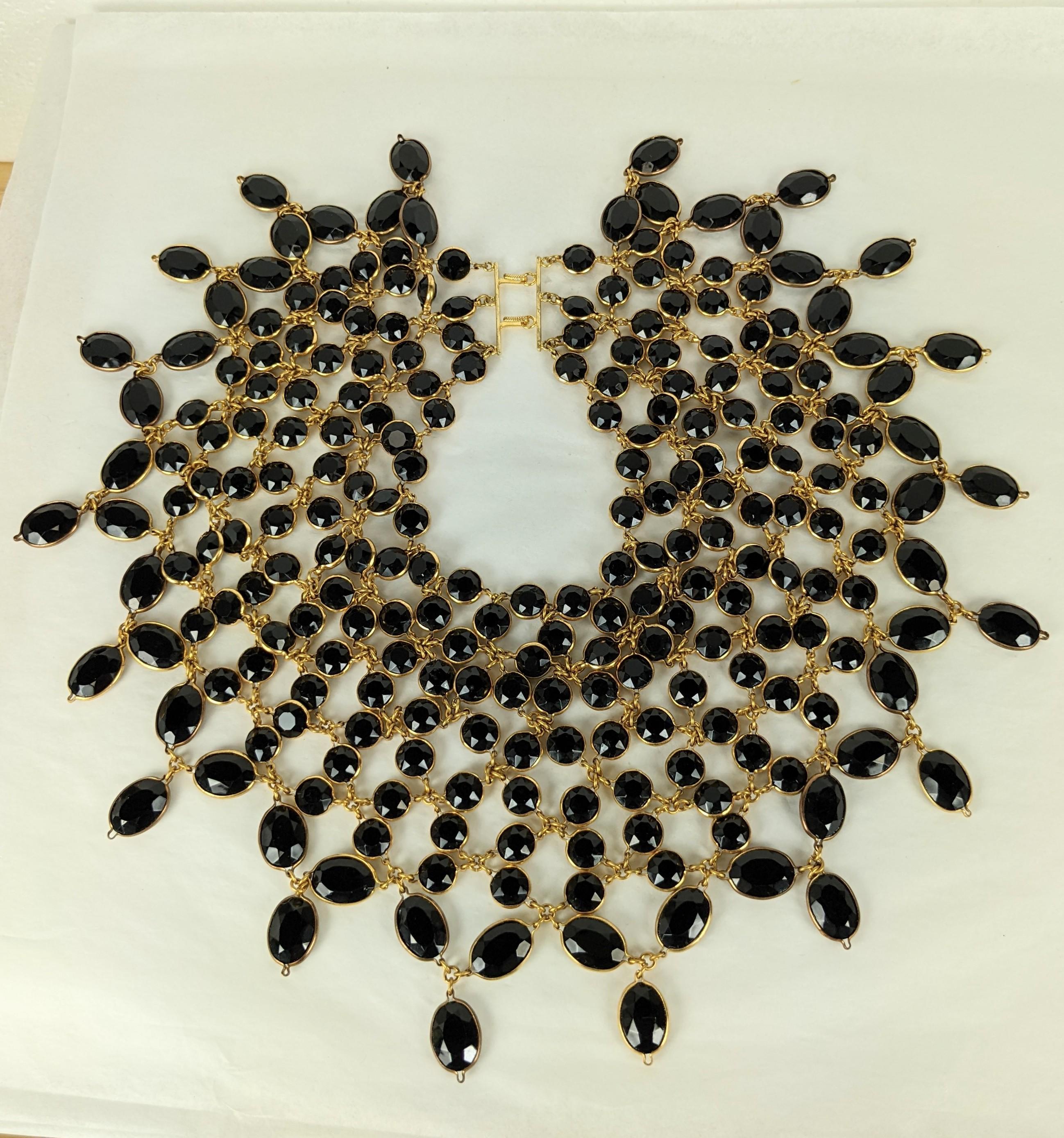 Massive and Extraordinary Hubert de Givenchy Haute Couture Bezel Set Jet Paste Collar, necklace provenance of Bunny Mellon. Created by Roger Jean Pierre the large Egyptian revival styled collar composed of  round and oval collet set and faceted 