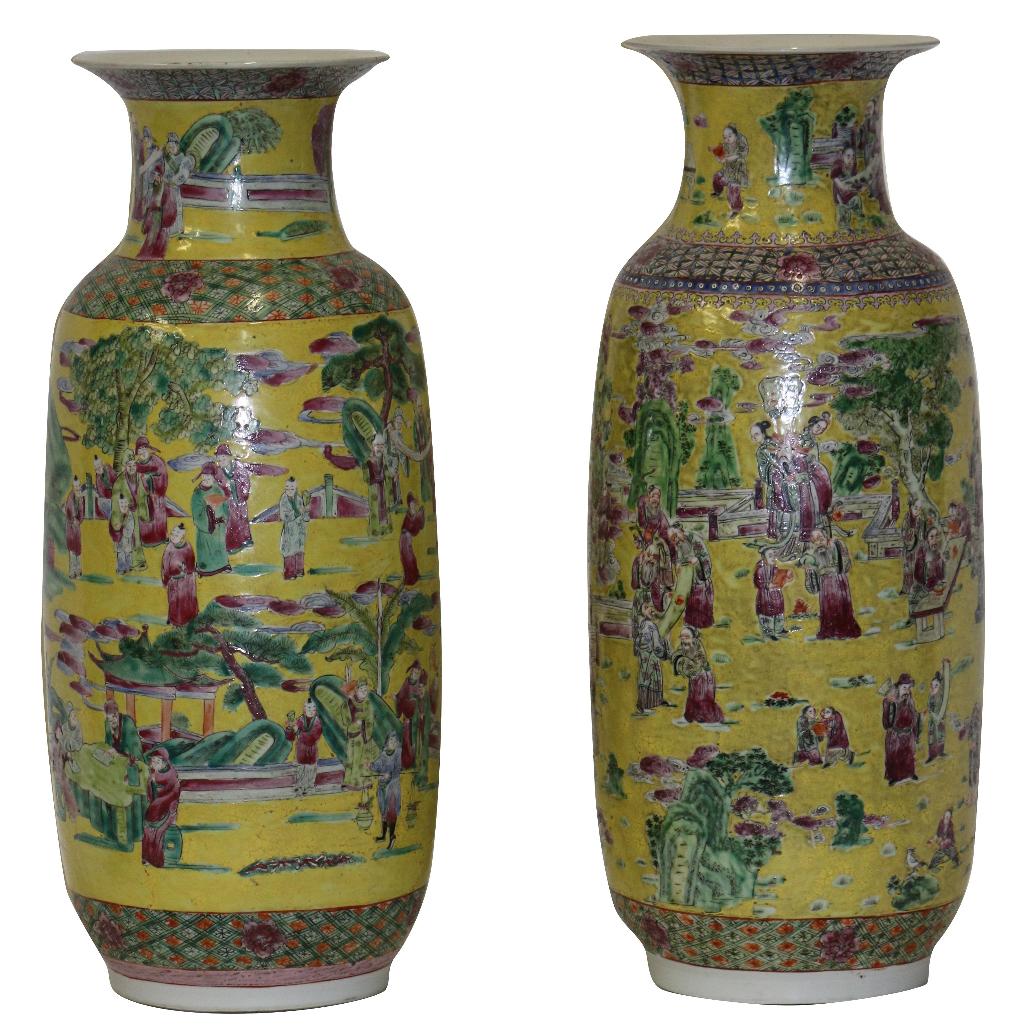 19th century rare fine complementary pair of Chinese imperial yellow porcelain palatial size vases with Hand Painted scenes measures: 1-23.5