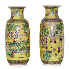 Antique Massive Imperial Style Palatial Yellow Chinese Porcelain Vases 19th century