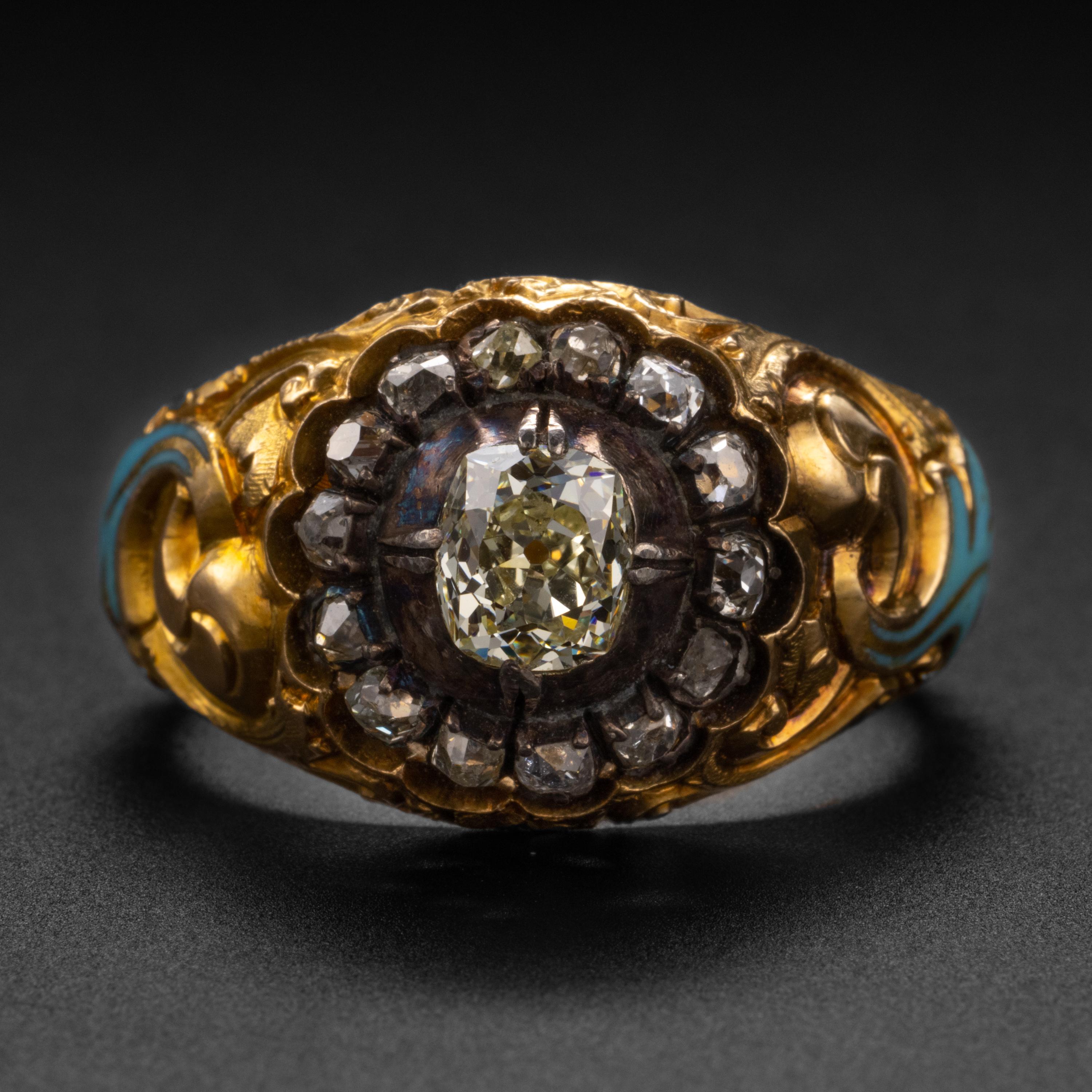 A rare and impressive statement ring, this weighty and substantial antique Russian men's diamond ring is a masterpiece of Imperial-era goldsmithing. The first thing you notice about this ring when you hold it in your hand —aside from its heft at