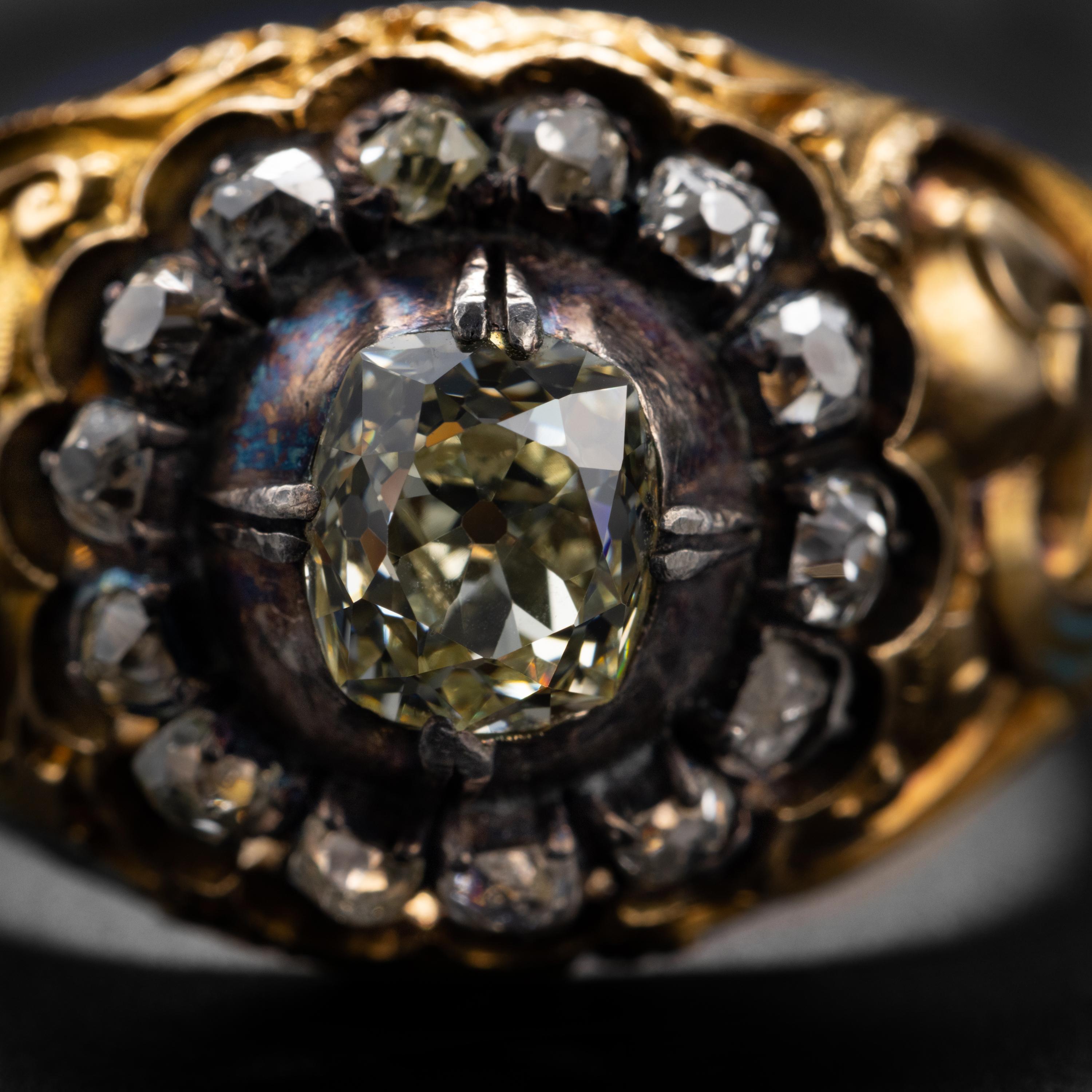 Old Mine Cut Men's Diamond Ring 1.25 Carat, Circa 1850s Size 11.5-12