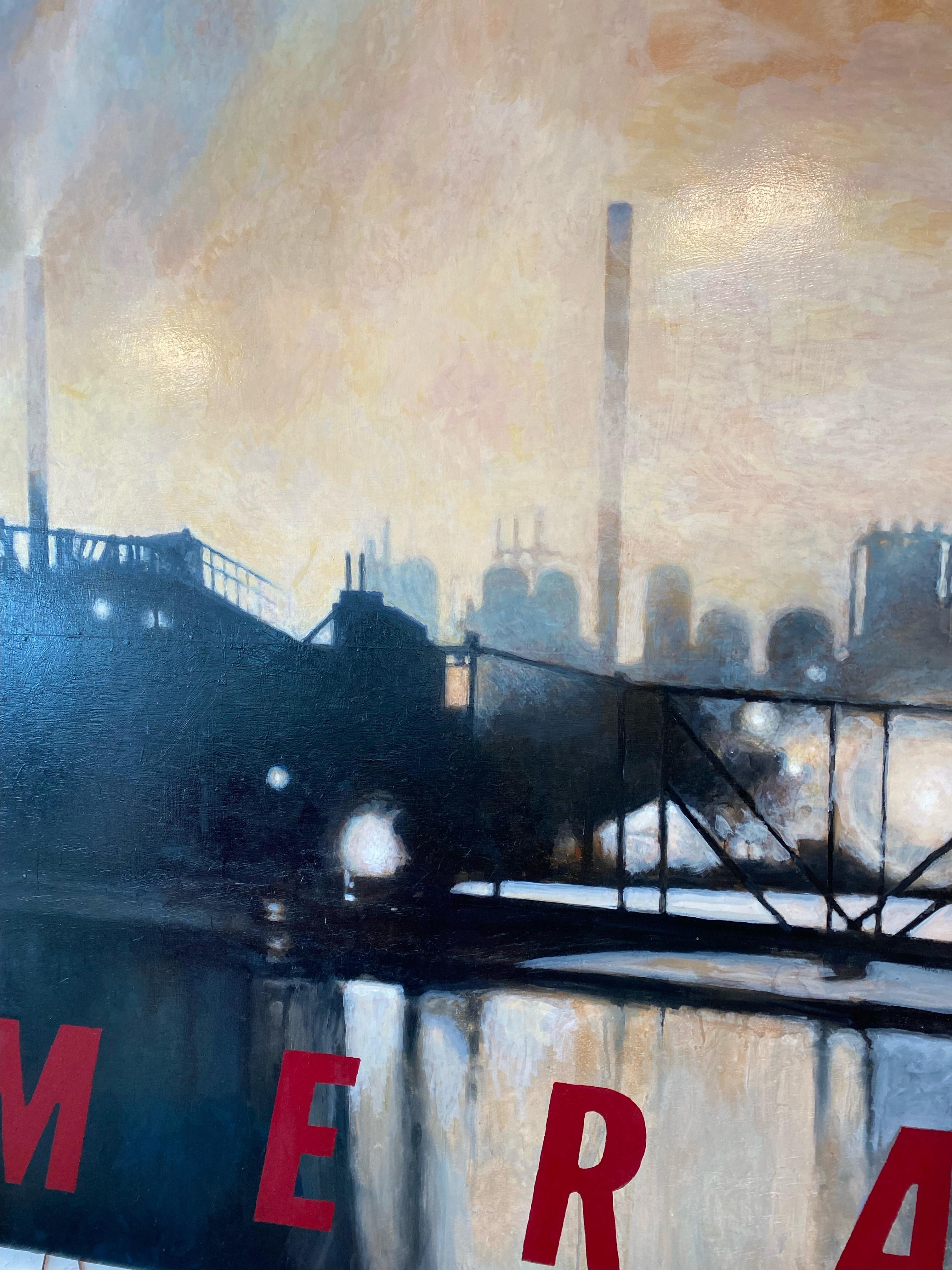 Post-Modern Massive Industrial Modern Oil on Board Lawrence Gipe Factory Series, 1998 For Sale