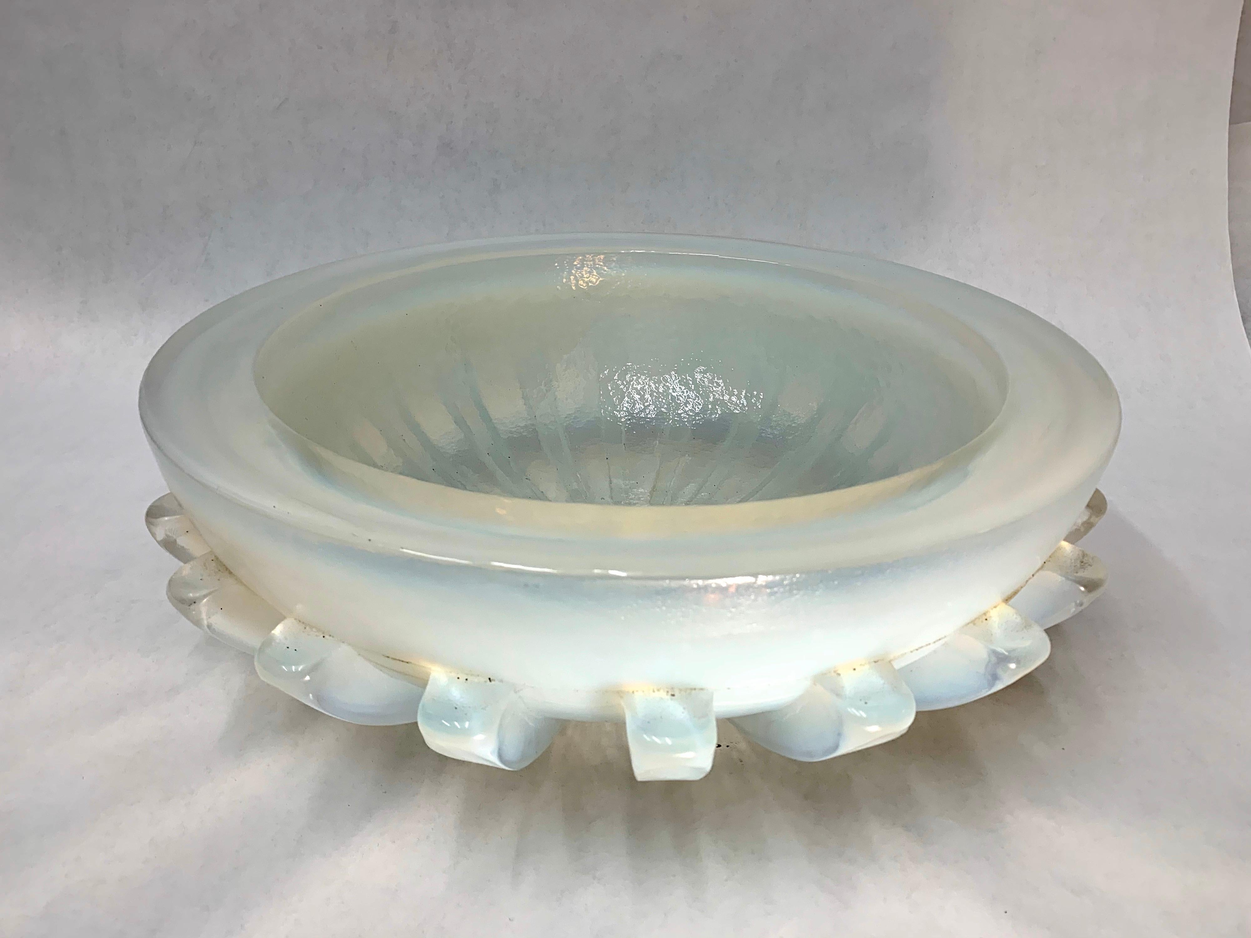 Massive Iridescent Opaline Murano Glass Bowl with Buttress Accents 7