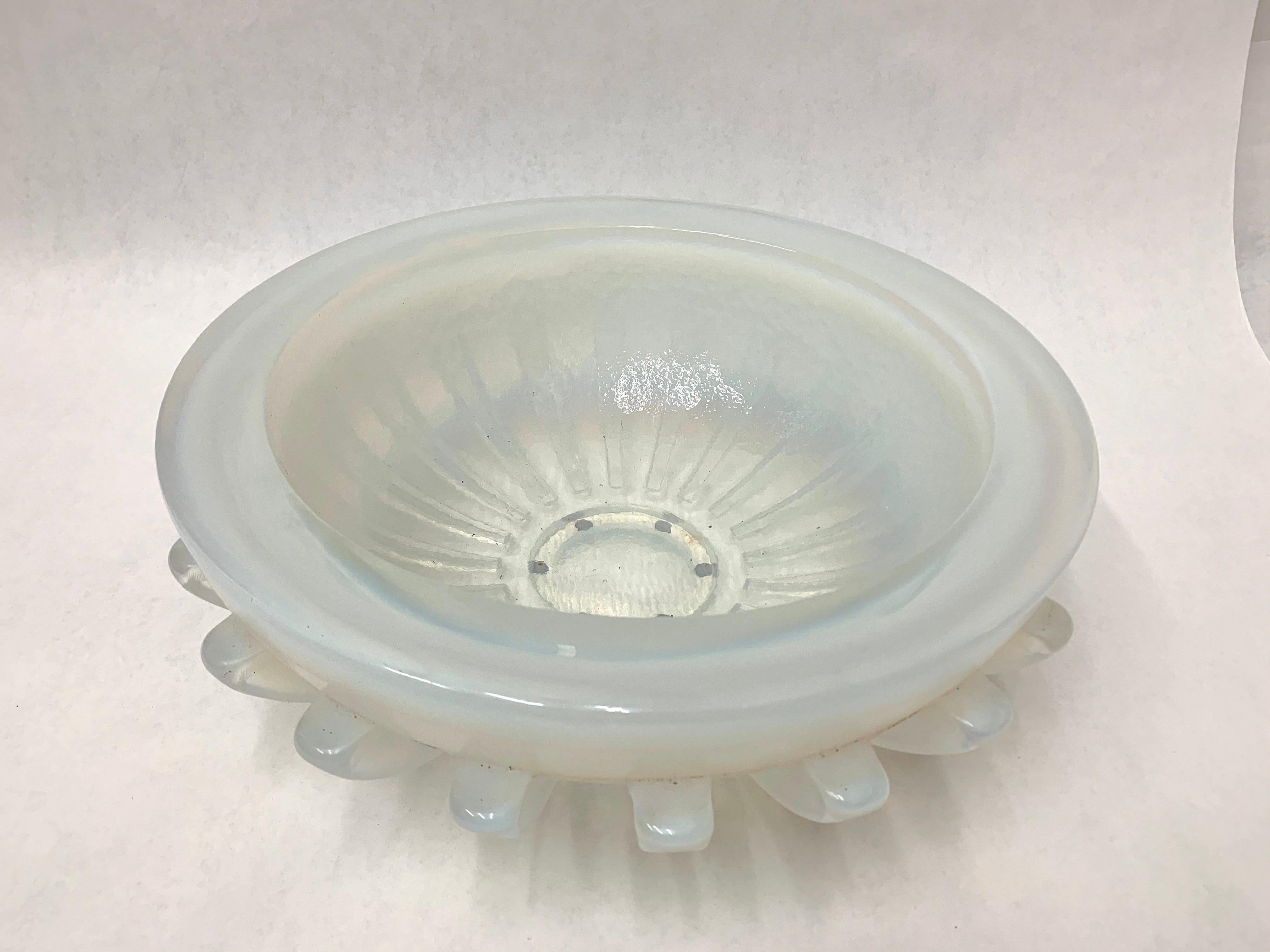 Italian Massive Iridescent Opaline Murano Glass Bowl with Buttress Accents